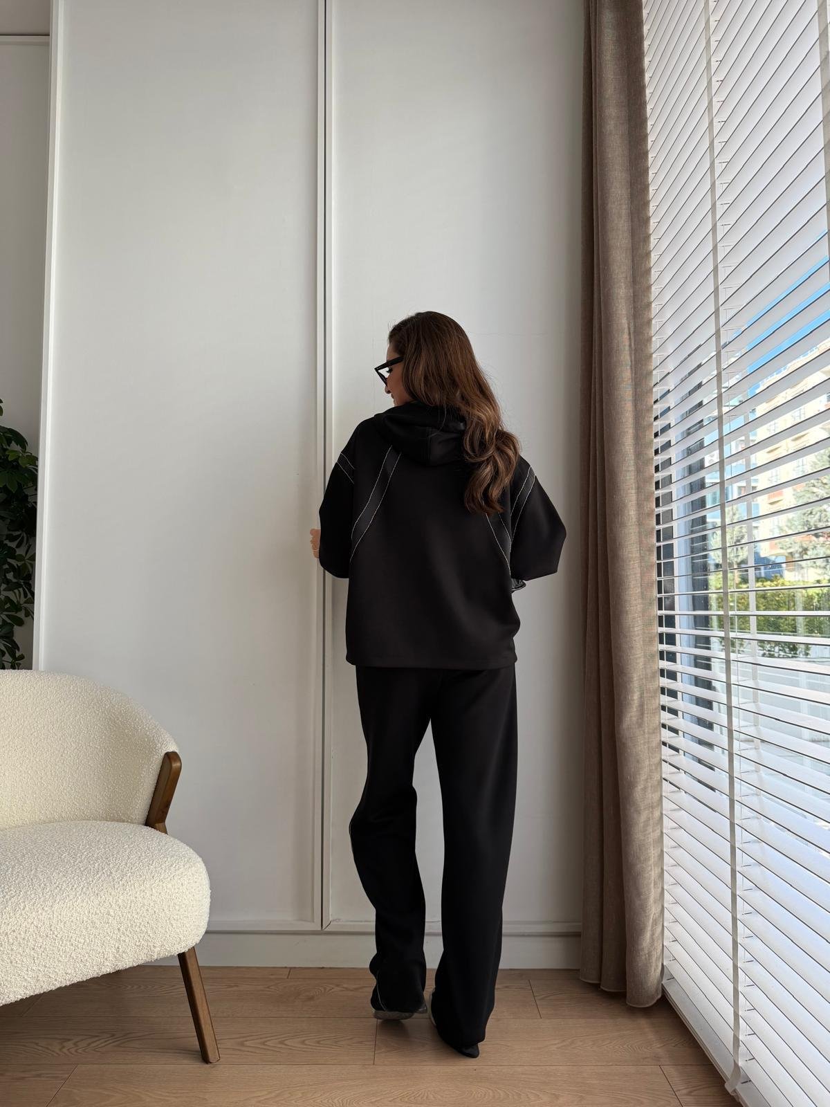 Siyah Kapüşonlu Taş Detaylı Modal Takım 2573