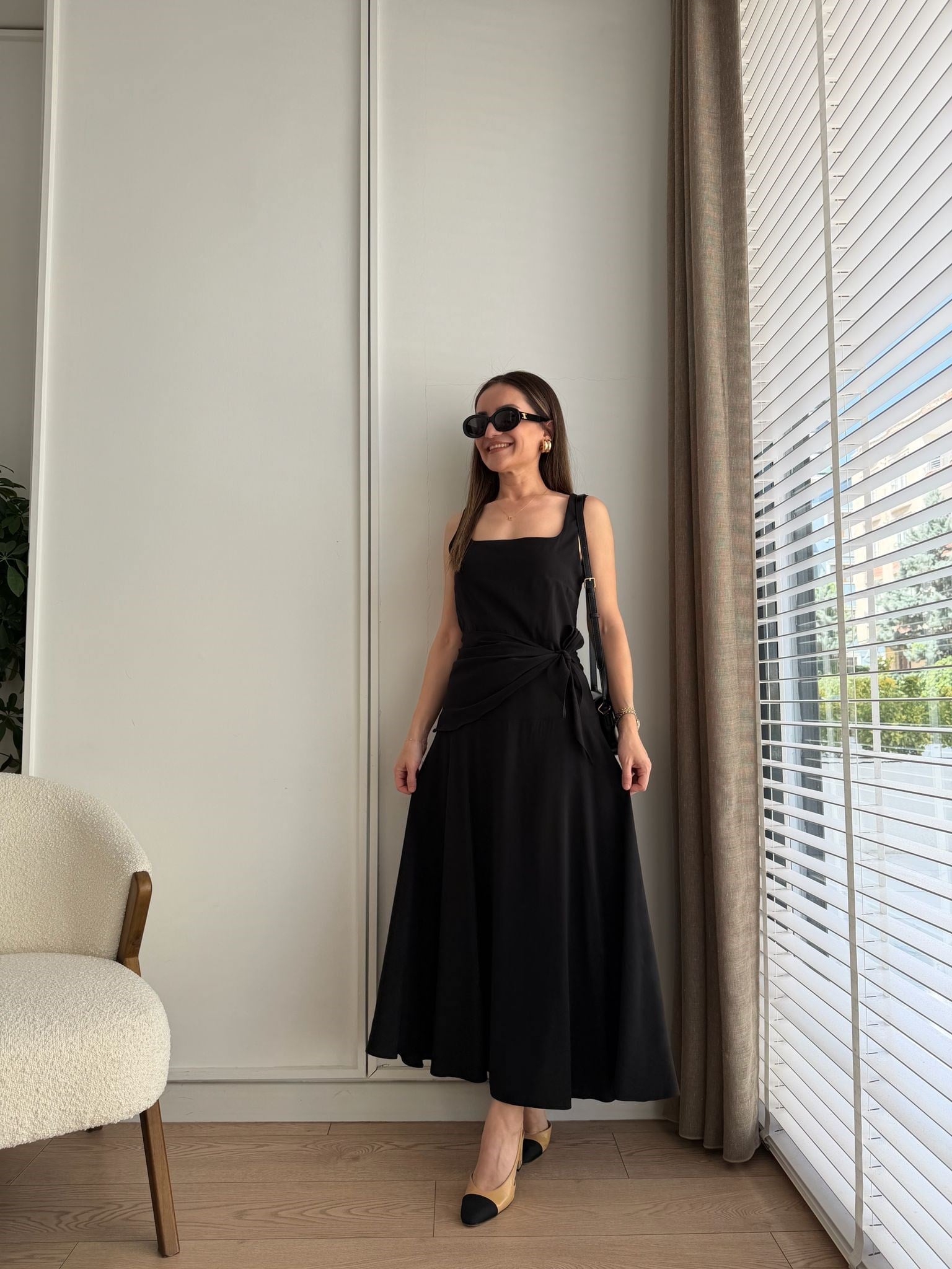 Siyah Kare Yaka Yandan Bağlamalı Modal Elbise 0230