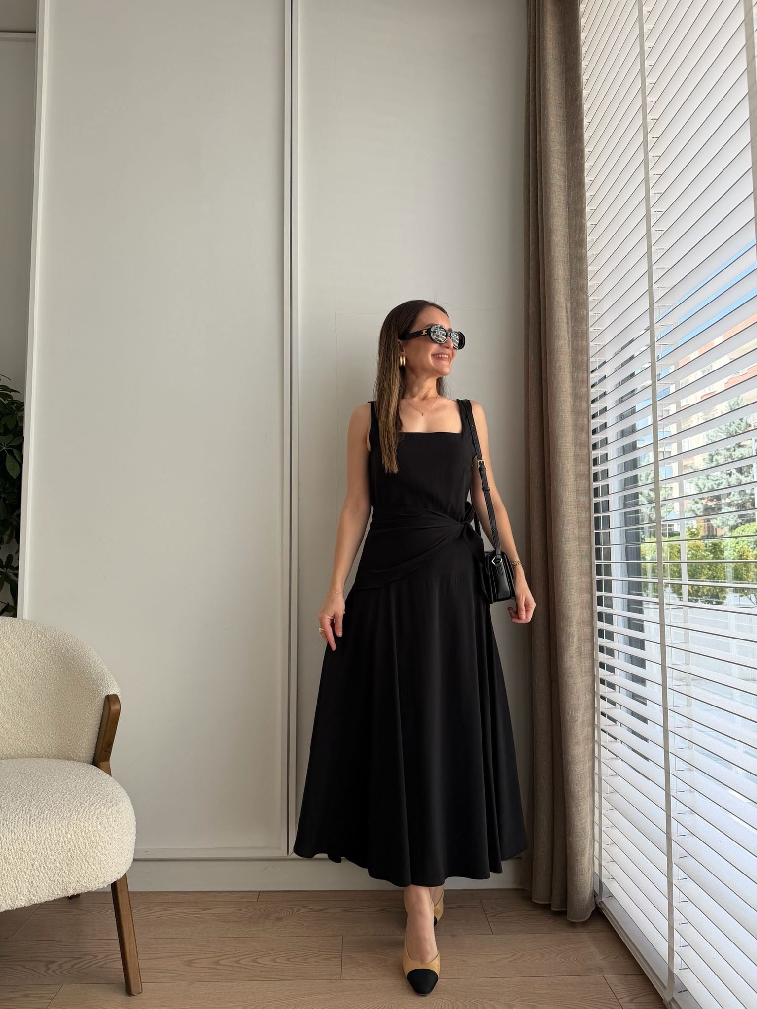 Siyah Kare Yaka Yandan Bağlamalı Modal Elbise 0230