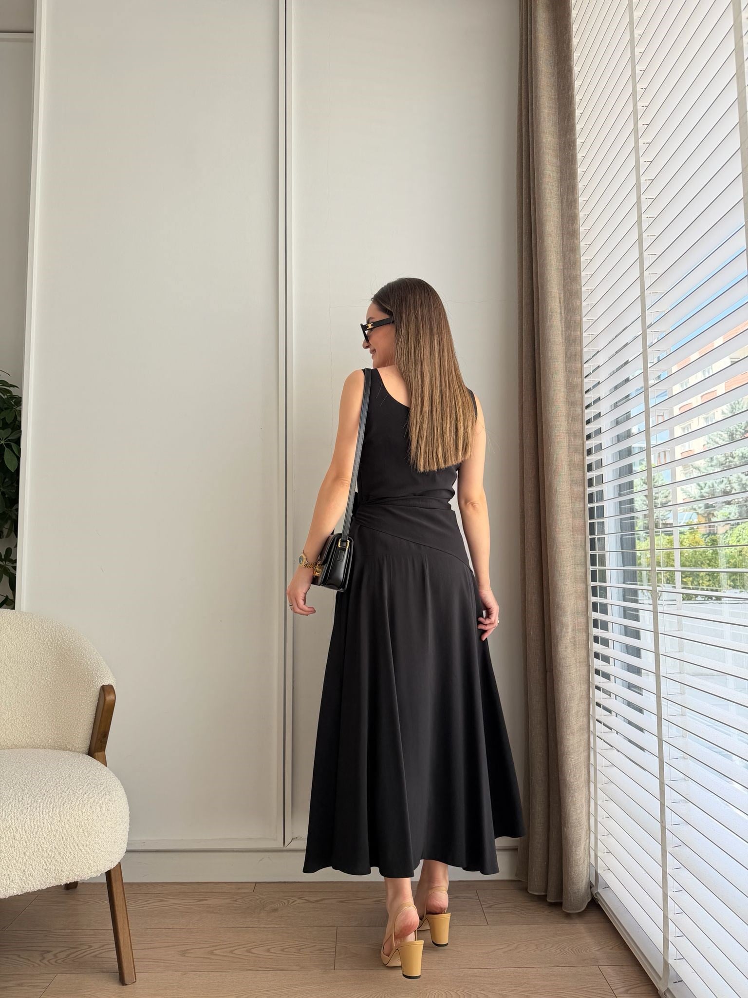 Siyah Kare Yaka Yandan Bağlamalı Modal Elbise 0230