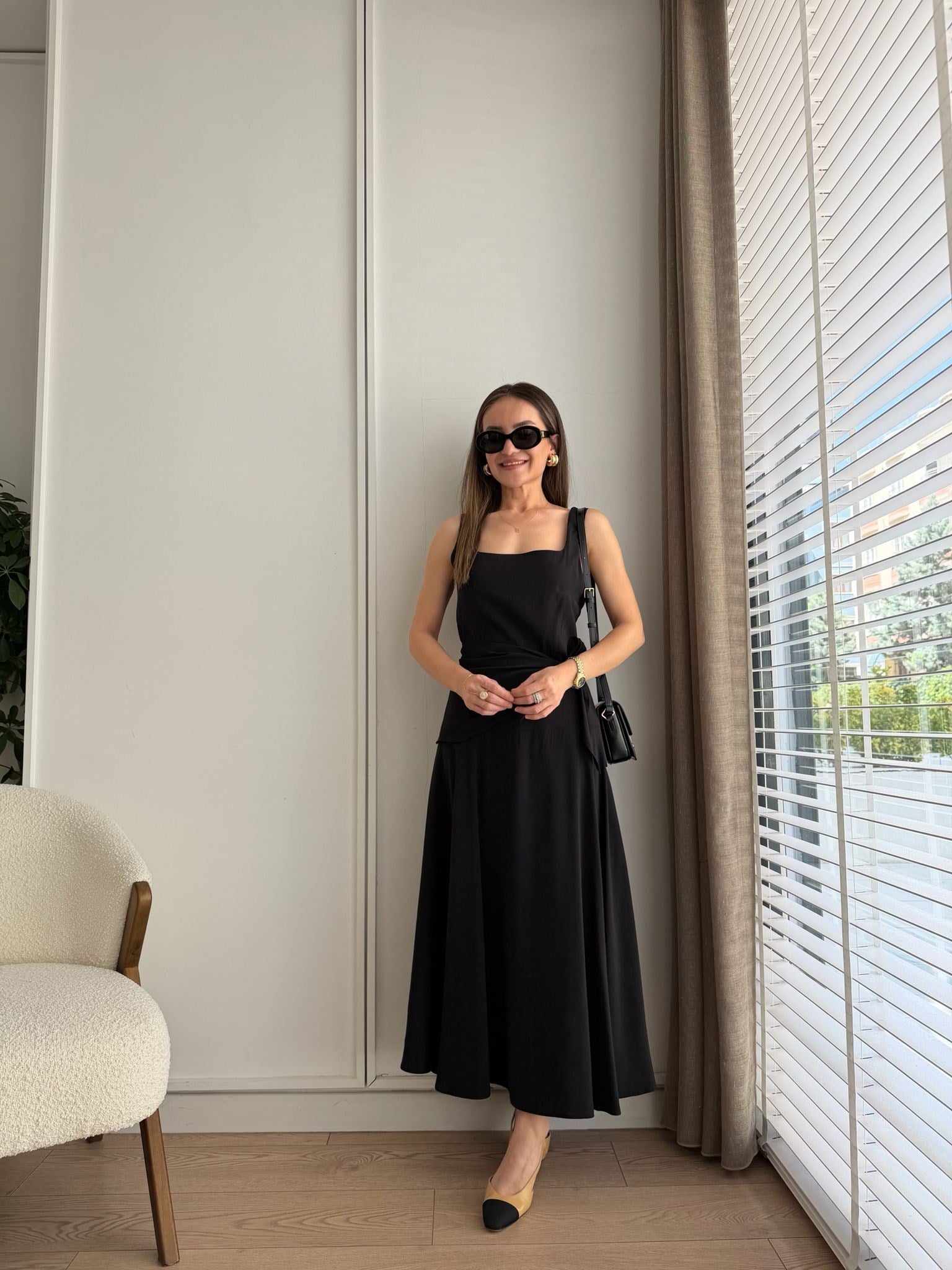 Siyah Kare Yaka Yandan Bağlamalı Modal Elbise 0230