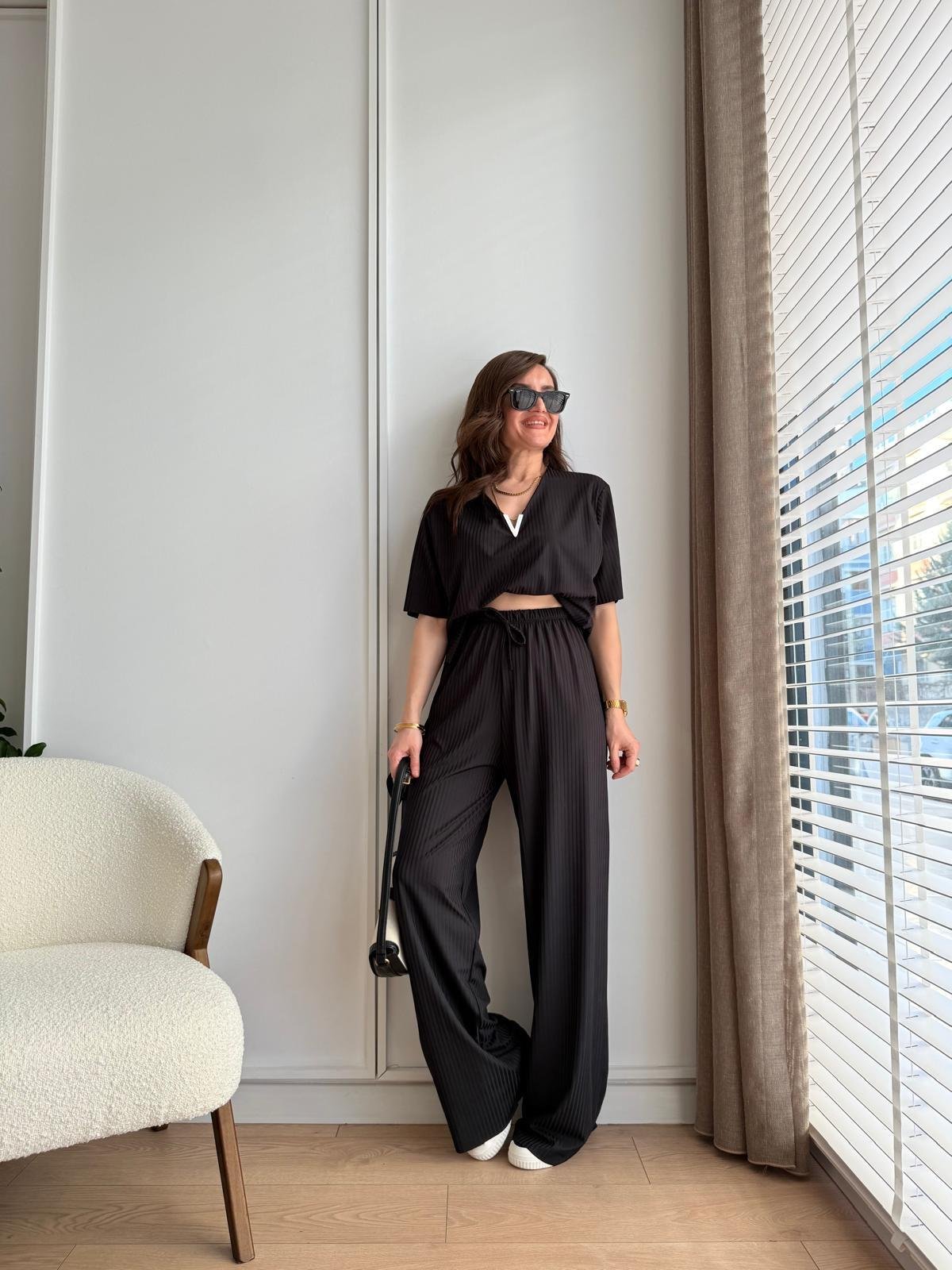 Siyah Kaşkorse Kumaş Ön Toka Detaylı Bluz Pantolon Takım 21603