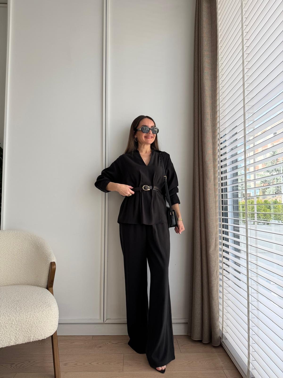 Siyah Kemerli Bluz Pantolon Takım 58495