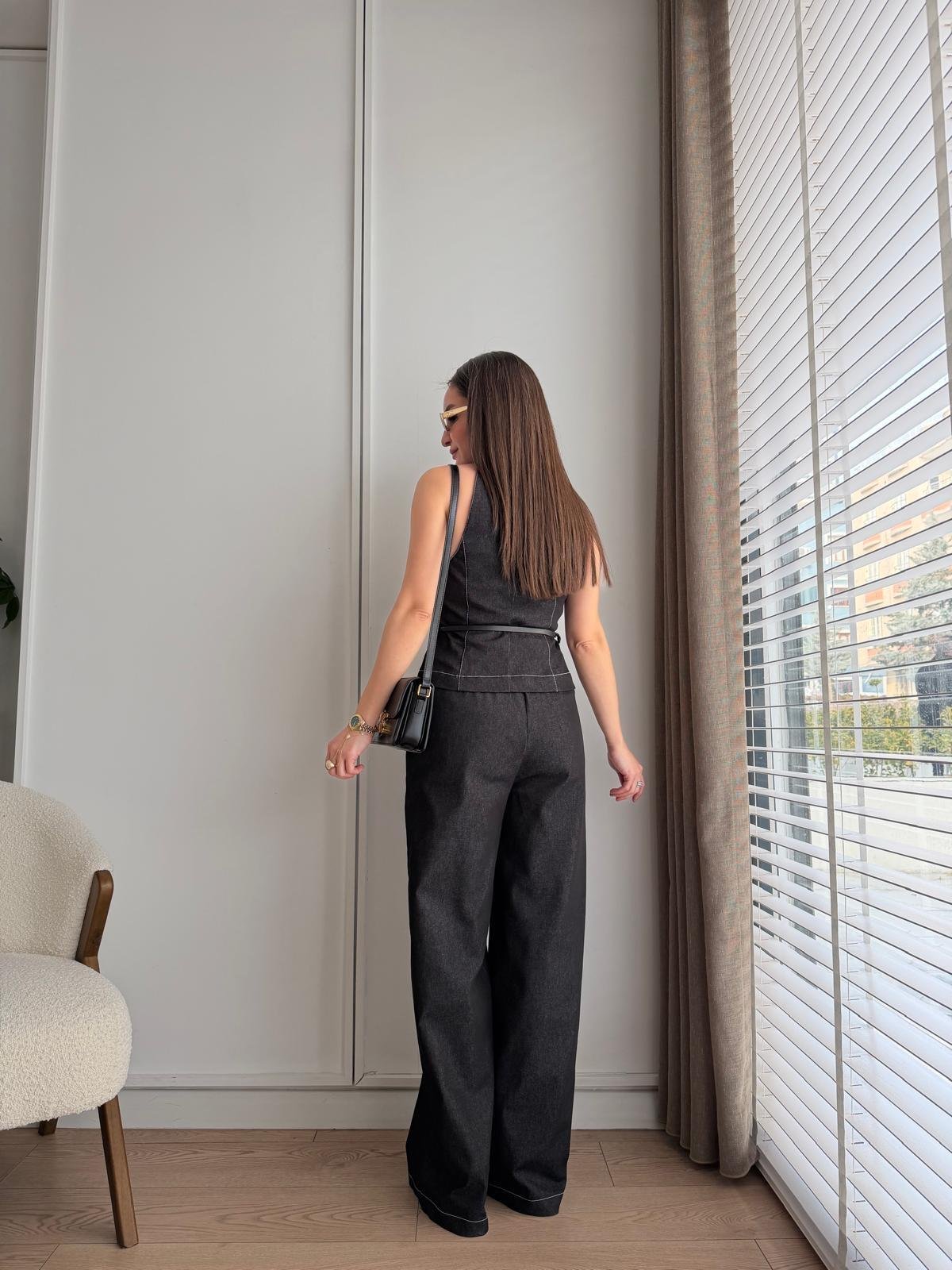 Siyah Kemerli Yelek Pantolon Takım 8919