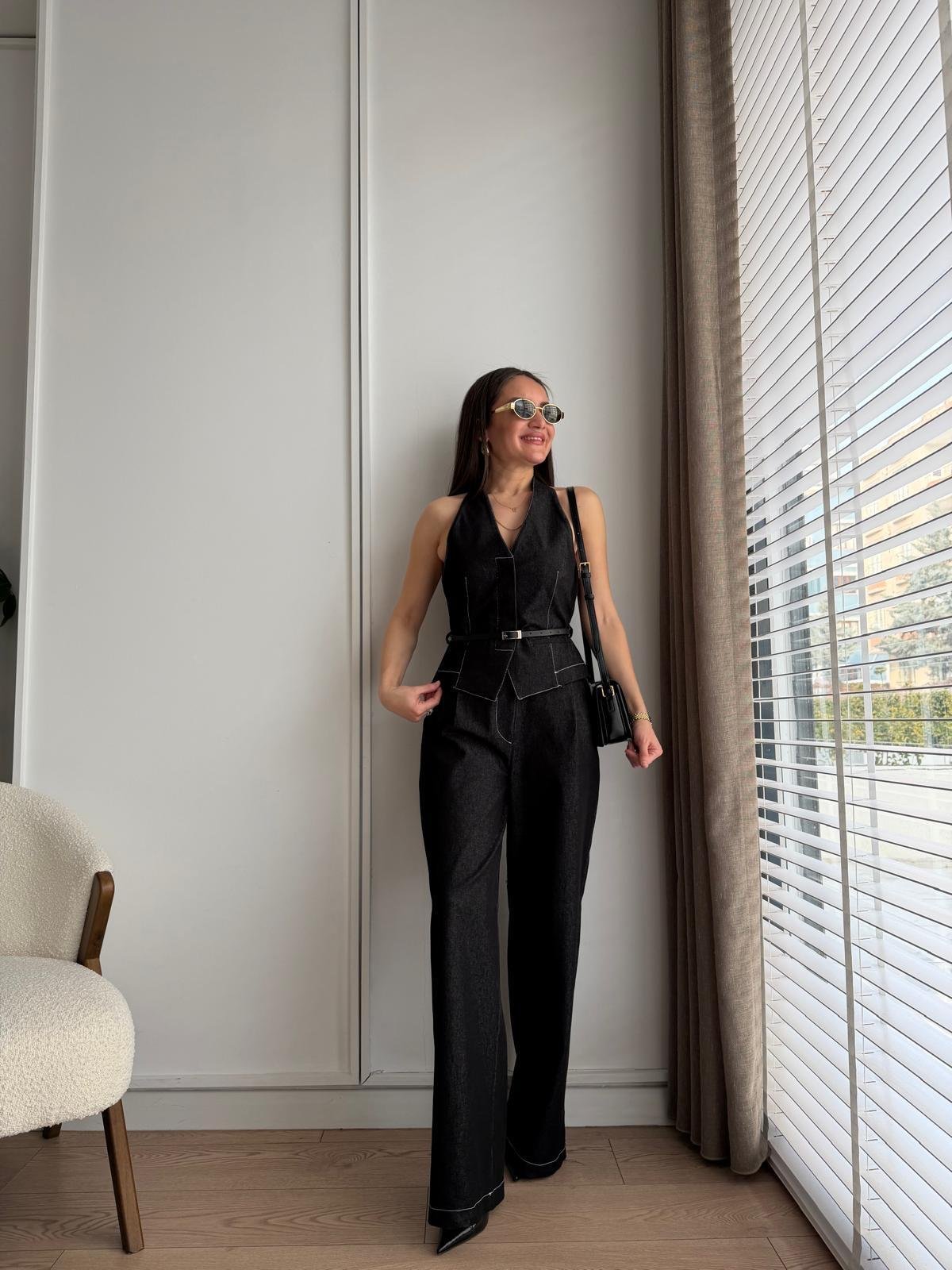 Siyah Kemerli Yelek Pantolon Takım 8919