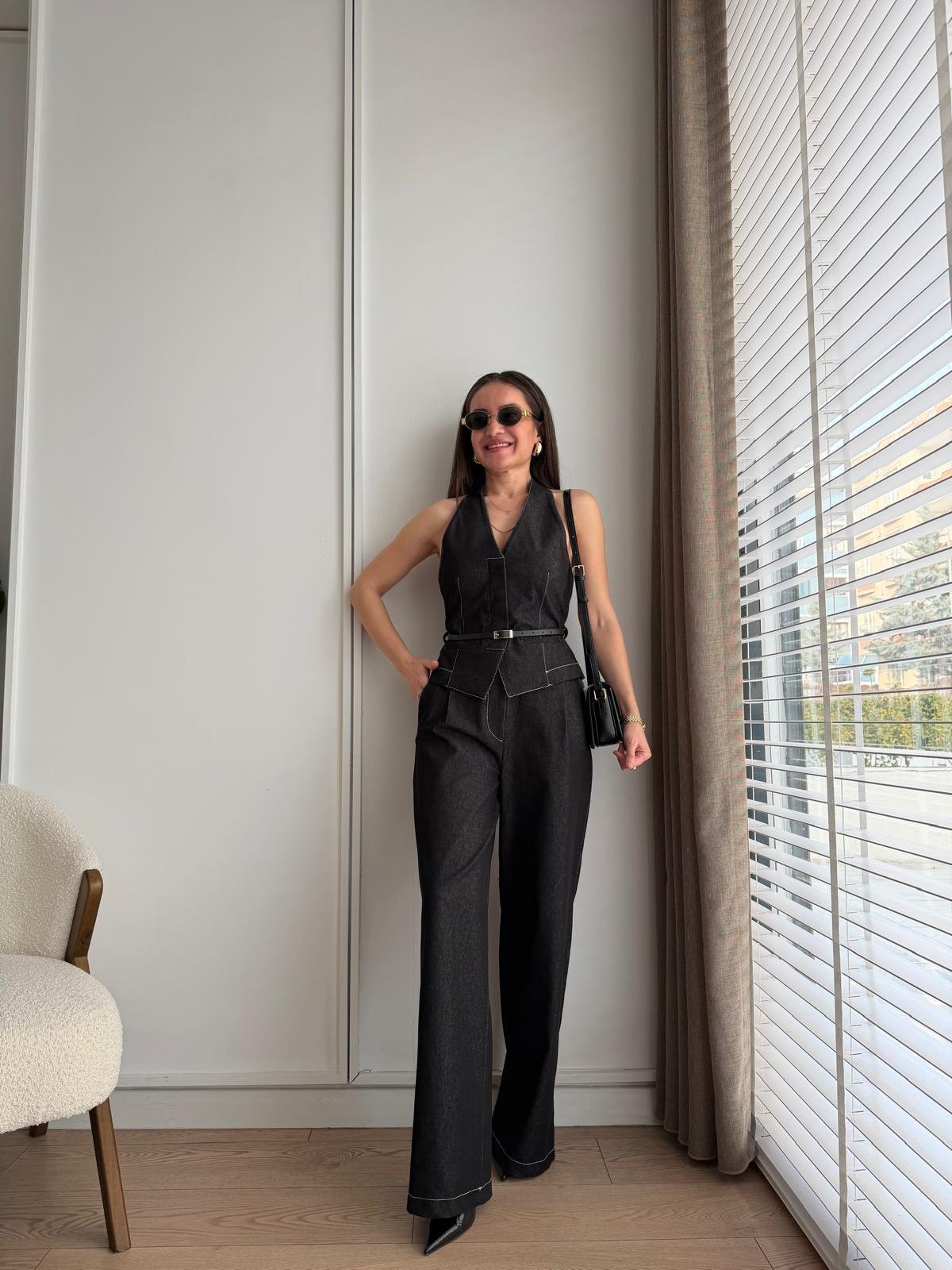 Siyah Kemerli Yelek Pantolon Takım 8919