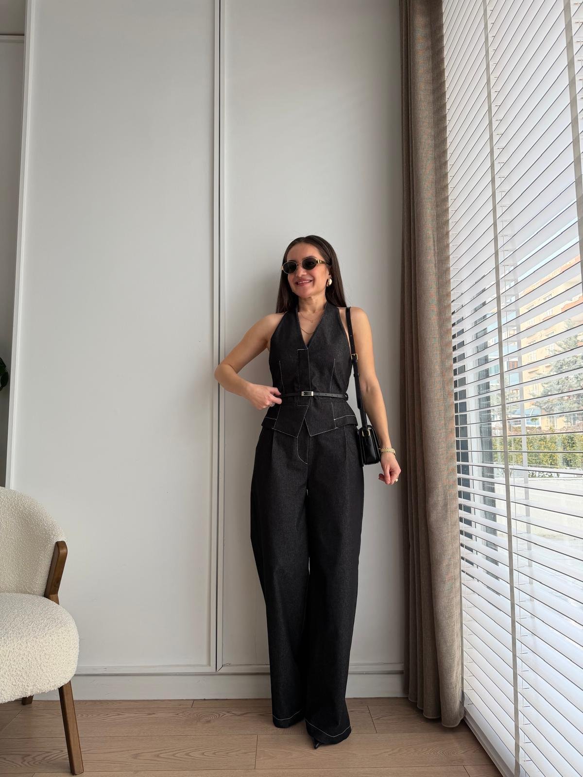 Siyah Kemerli Yelek Pantolon Takım 8919