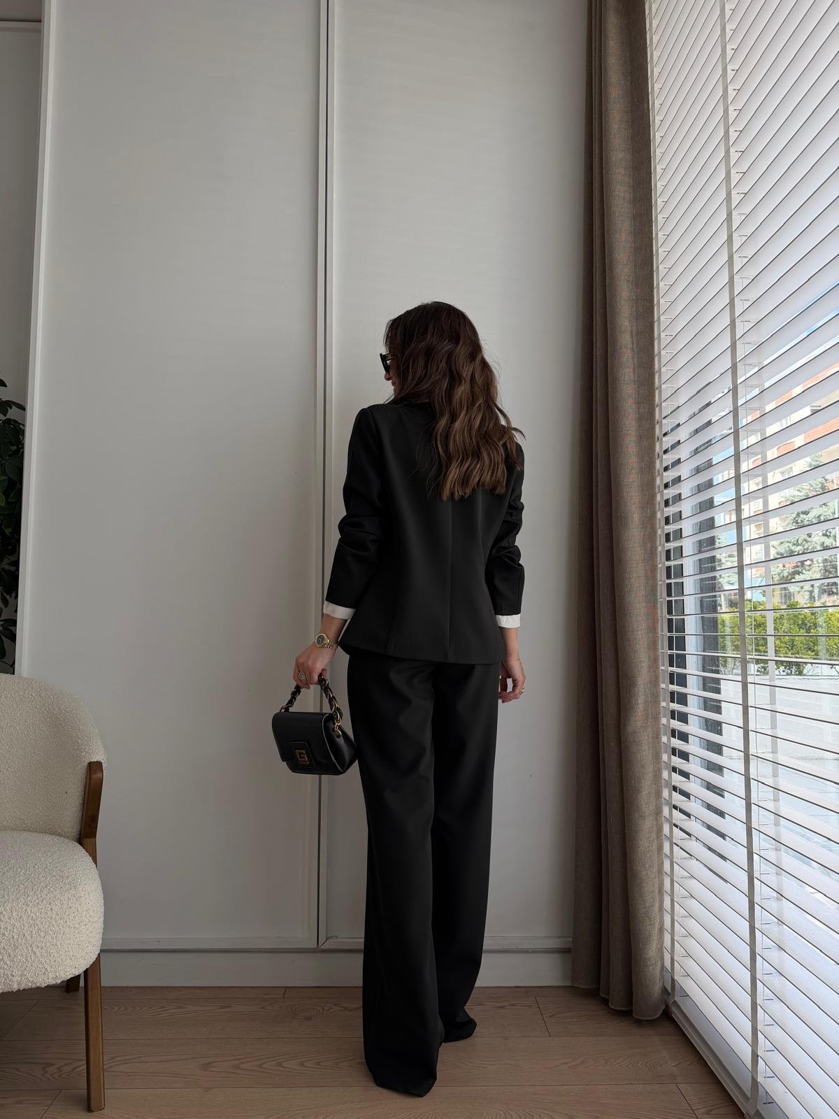 Siyah Kendinden Fularlı Ceket Pantolon Takım 9287