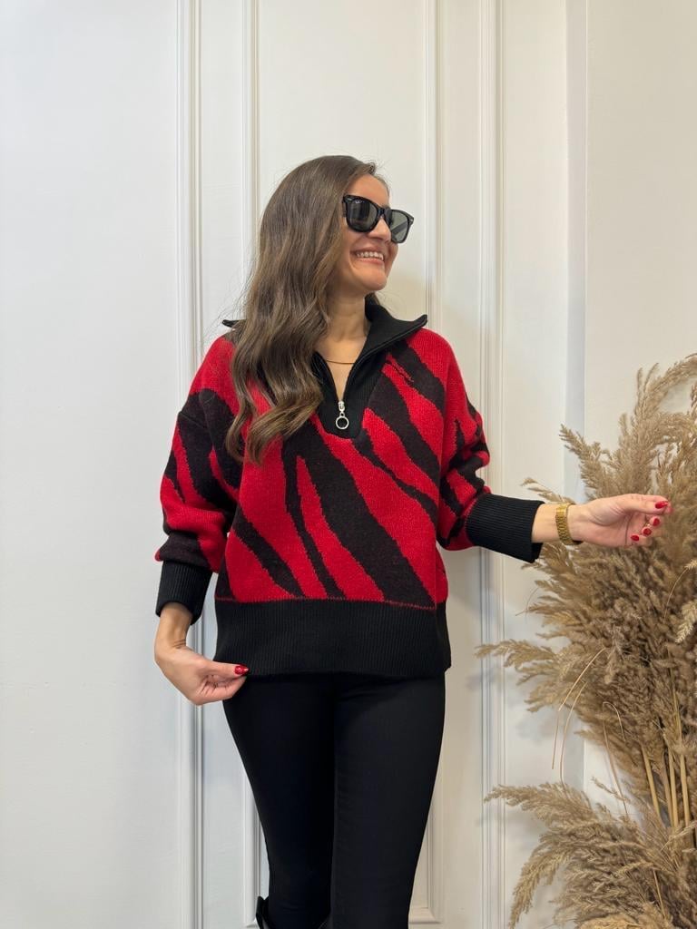 Siyah Kırmızı Zebra Desen Jakarlı Fermuarlı Kazak TK231199