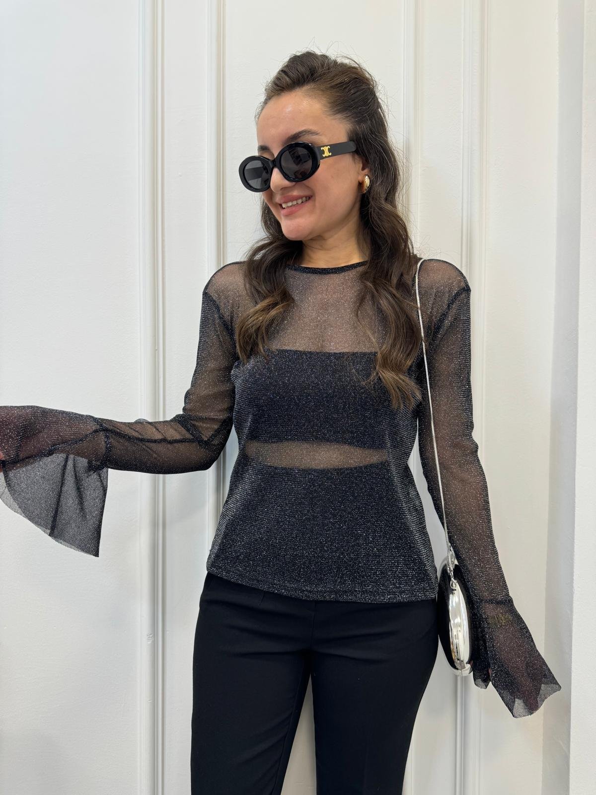 Siyah Kol Detaylı Transparan Bluz 29325