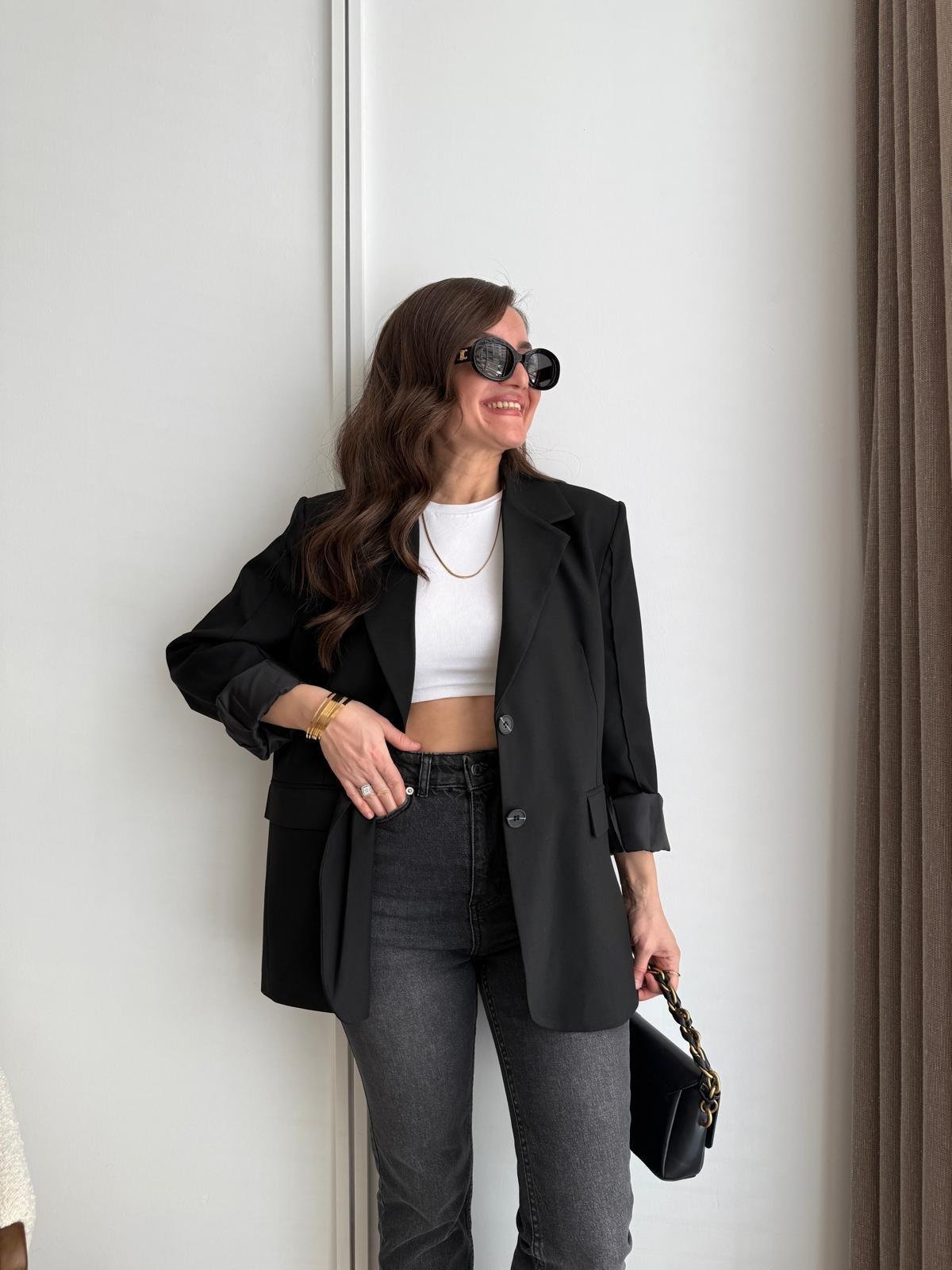 Siyah Kol Dikiş Detaylı Düğmeli Blazer Ceket 7450