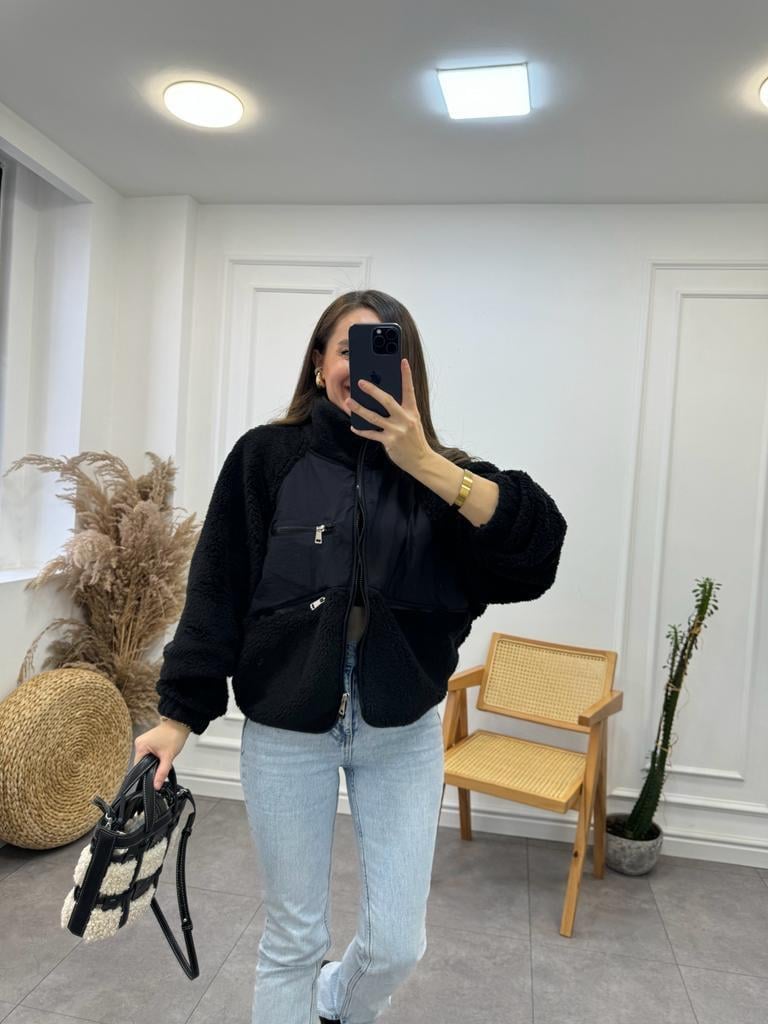 Siyah Kolları Peluş Kısa Mont 00059