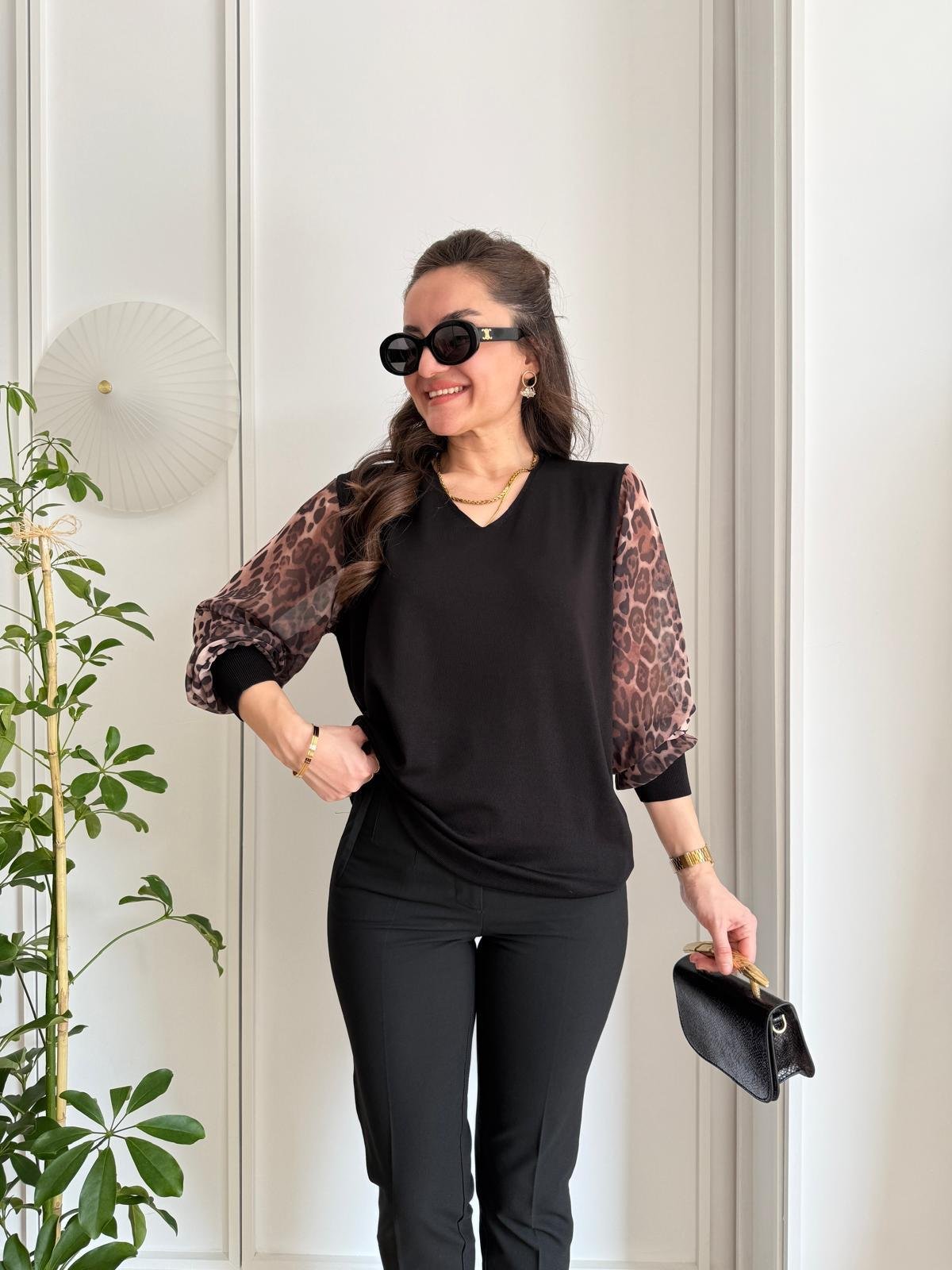 Siyah Kolları Şifon Leopar Desen Bluz 161