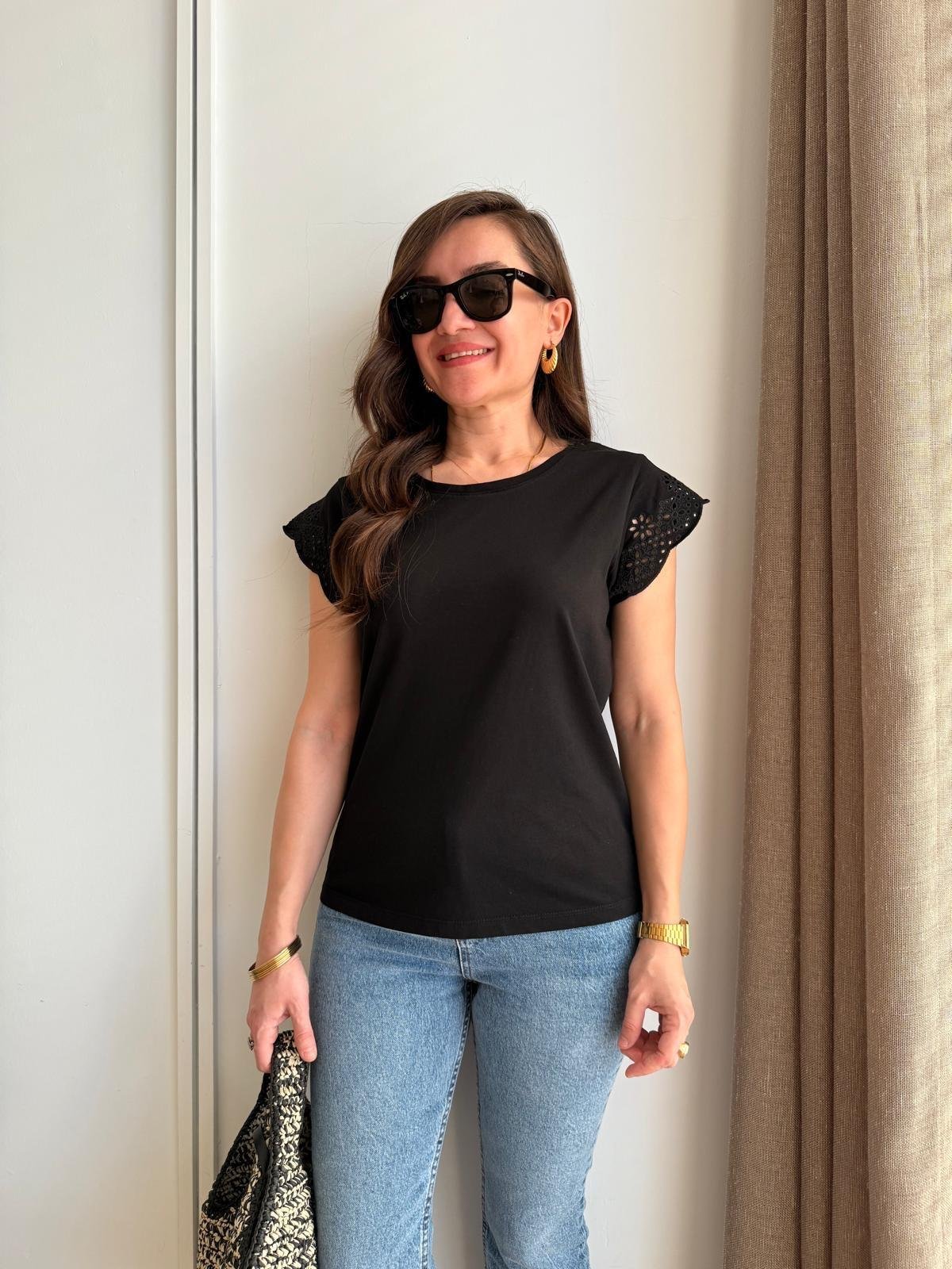 Siyah Kolu Dantelli Tshirt 2982