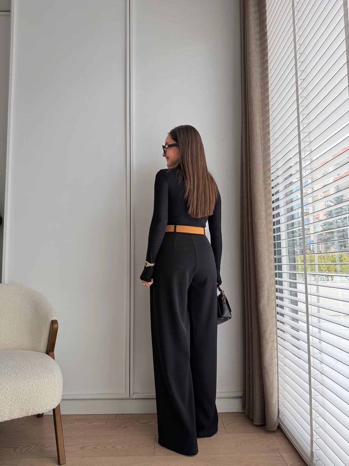 Siyah Köprü Detaylı Kemerli Palazzo Pantolon 3855