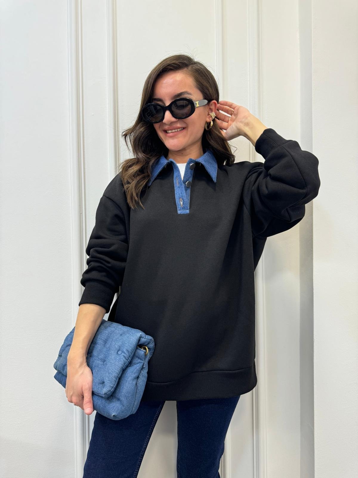 Siyah Kot Yaka Detaylı Sweatshırt 110032