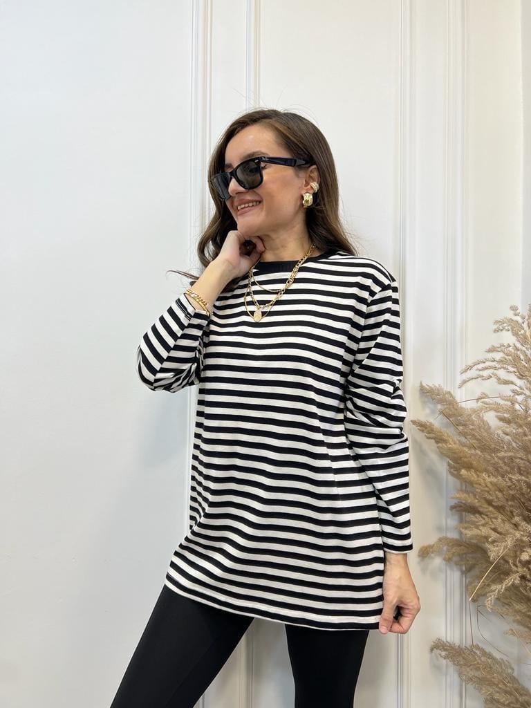 Siyah Krem Çizgili Bisiklet Yaka Sweatshirt 0637