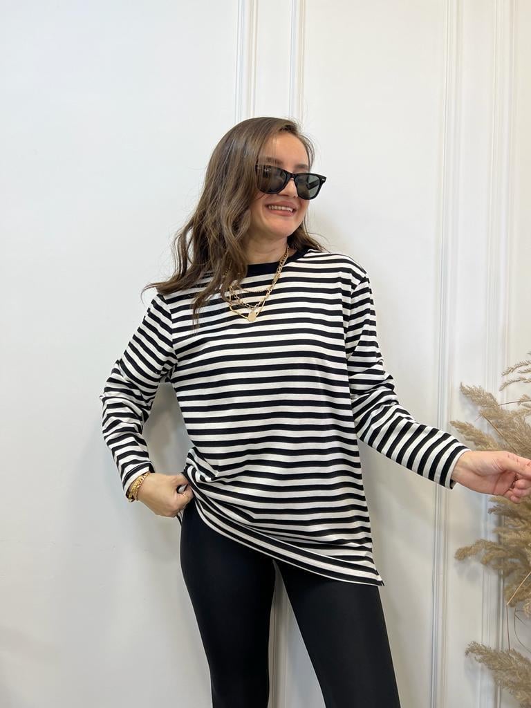 Siyah Krem Çizgili Bisiklet Yaka Sweatshirt 0637