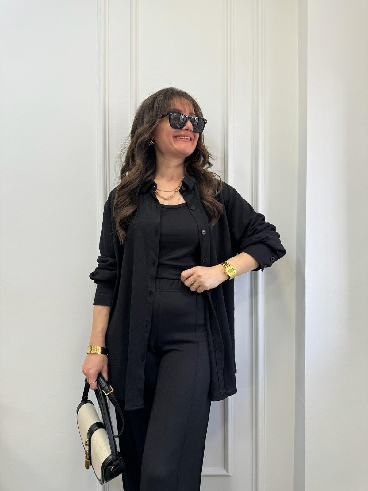 Siyah Krinkıl Kumaş Üçlü Takım Y01