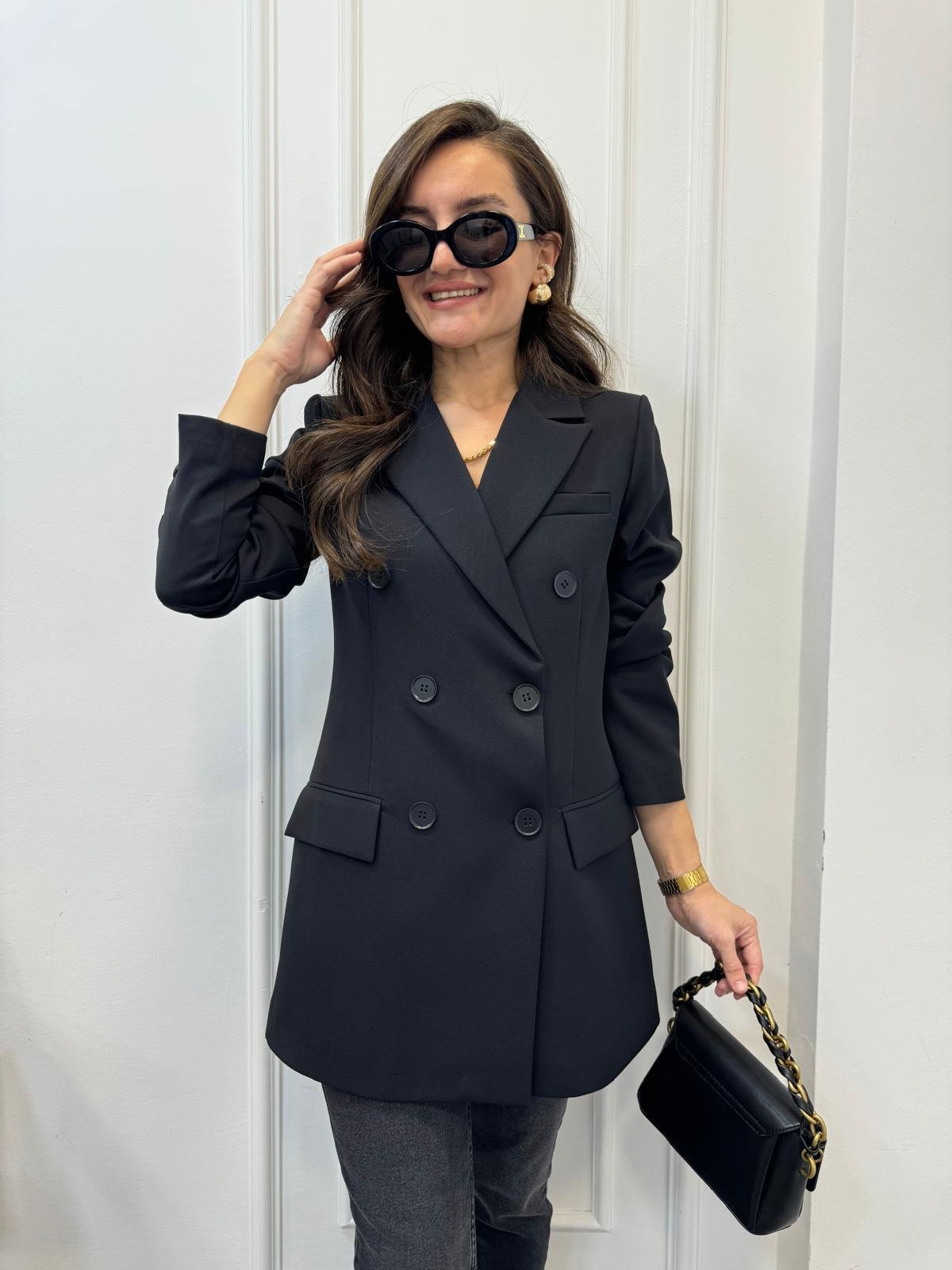 Siyah Kruvaze Siyah Düğmeli Astarlı Blazer Ceket 3112