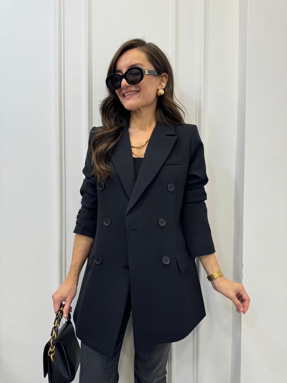 Siyah Kruvaze Siyah Düğmeli Astarlı Blazer Ceket 3112