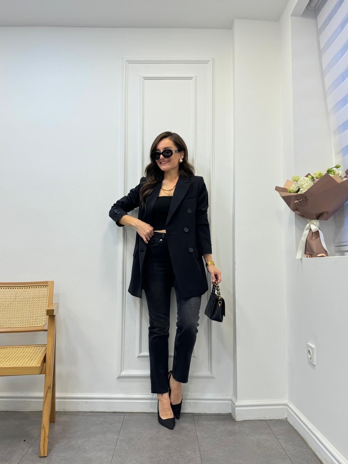 Siyah Kruvaze Siyah Düğmeli Astarlı Blazer Ceket 3112