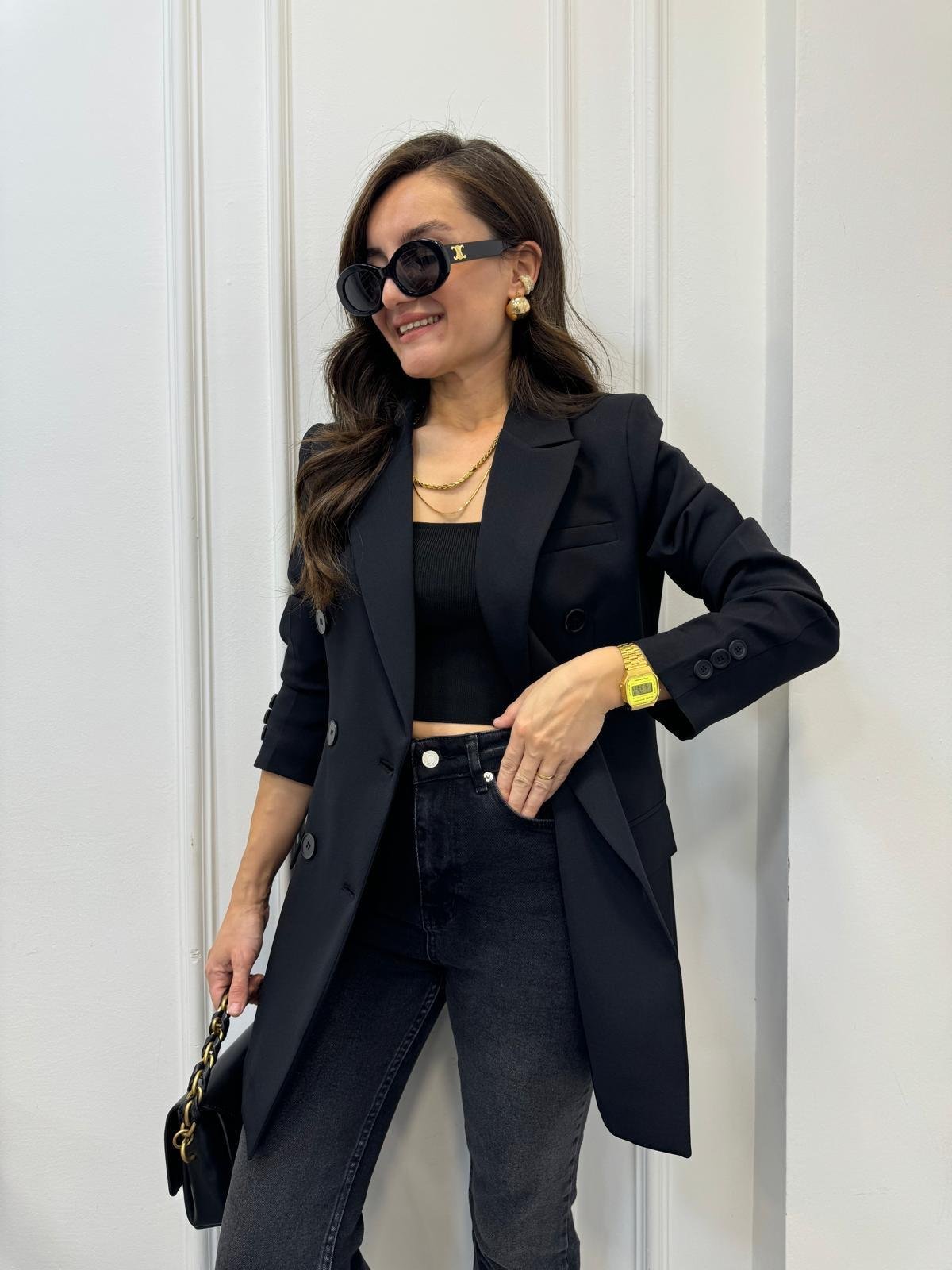 Siyah Kruvaze Siyah Düğmeli Astarlı Blazer Ceket 3112