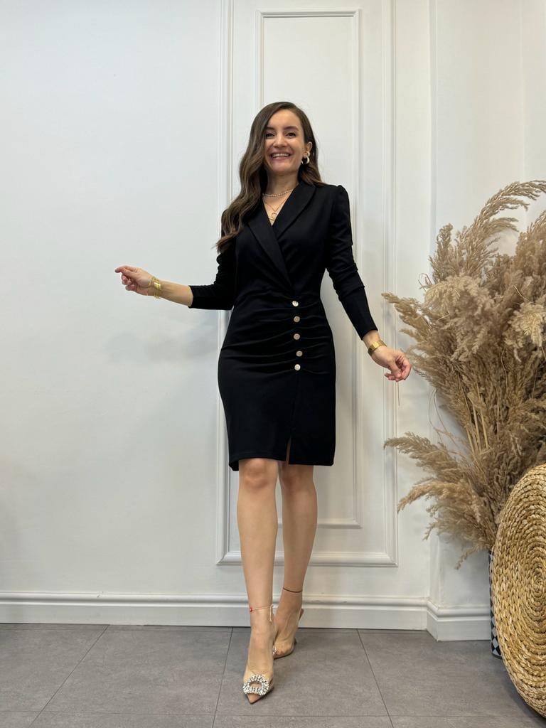 Siyah Kruvaze Yaka Gold Düğme Drape Detaylı Elbise 2586