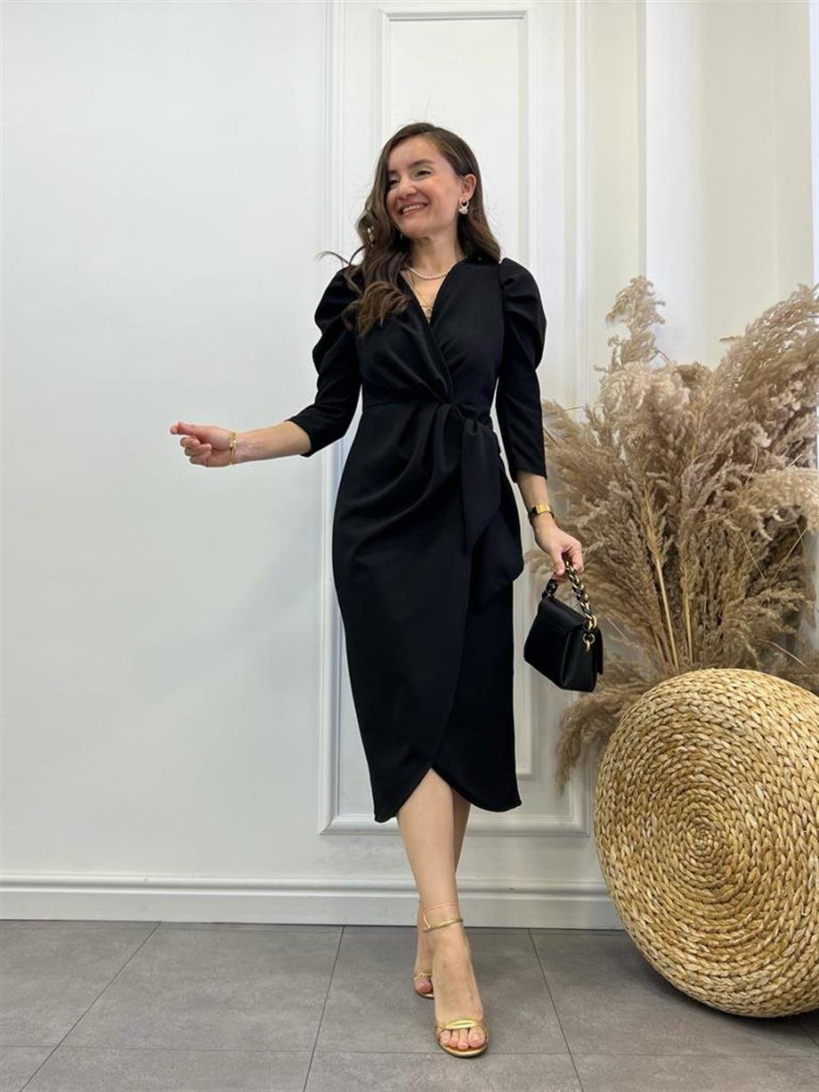 Siyah Kruvaze Yaka Kuşaklı Anvelop Elbise 2990