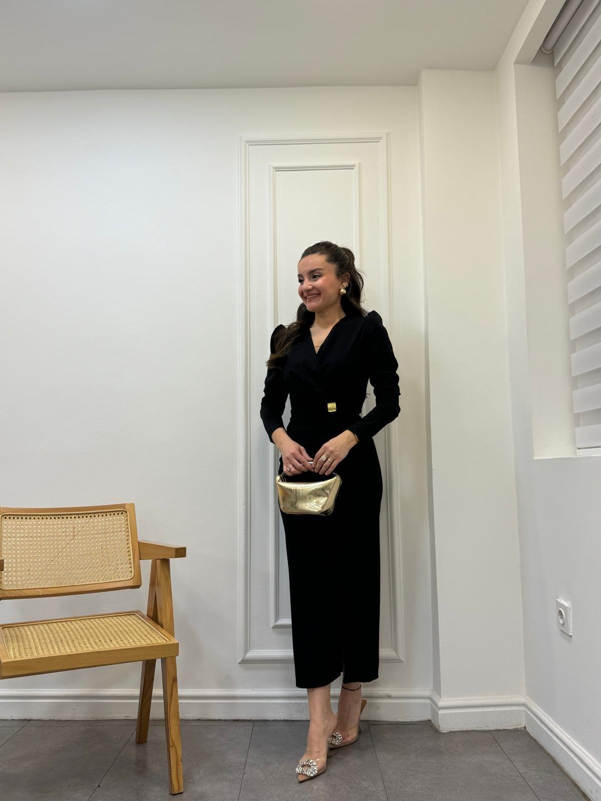 Siyah Kruvaze Yaka Ön Kurdele Drape Detaylı Elbise 1129