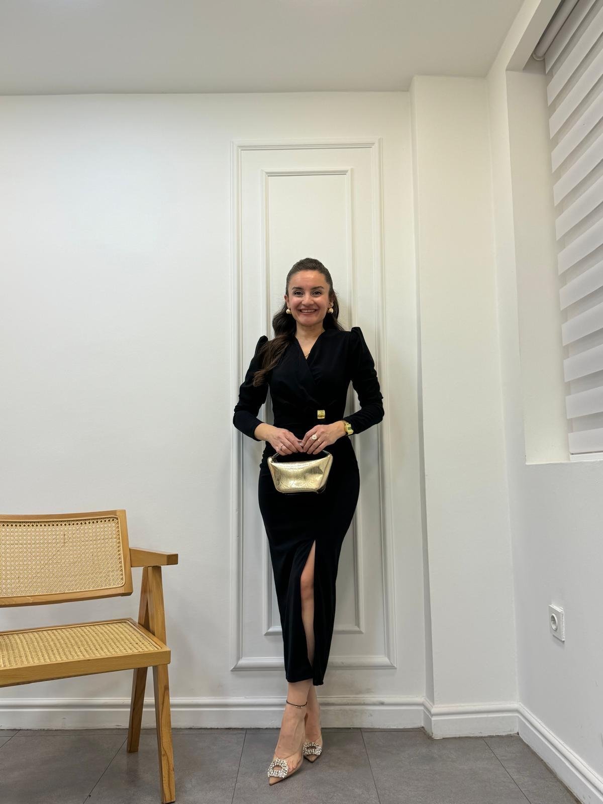 Siyah Kruvaze Yaka Ön Kurdele Drape Detaylı Elbise 1129