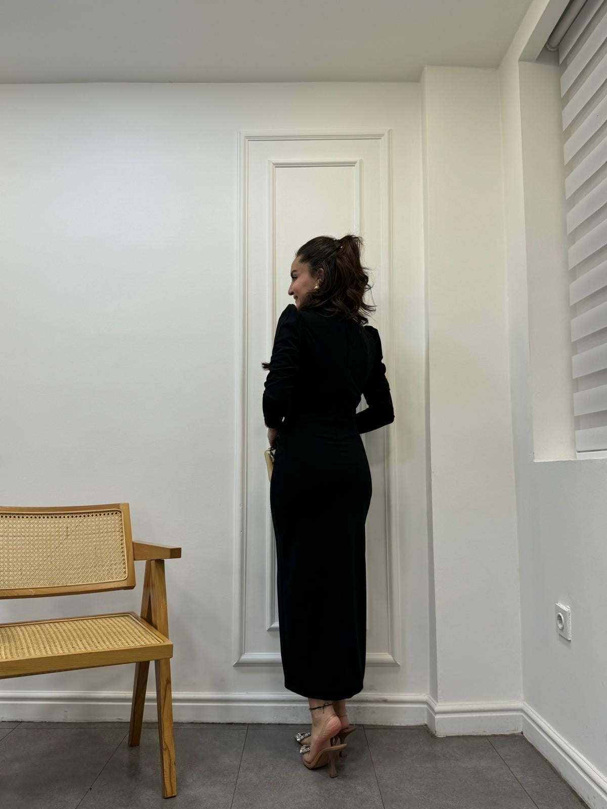 Siyah Kruvaze Yaka Ön Kurdele Drape Detaylı Elbise 1129