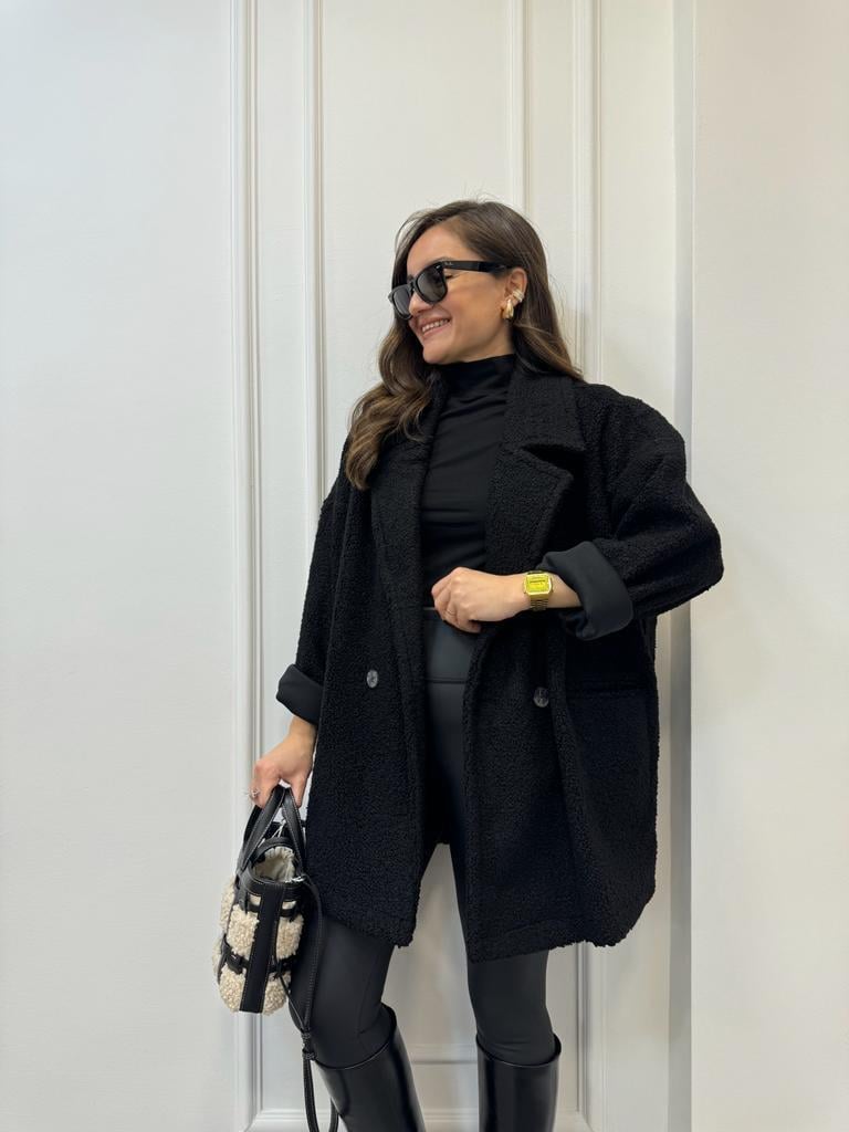 Siyah Kruvaze Yaka Oversize Teddy Kaban 38002