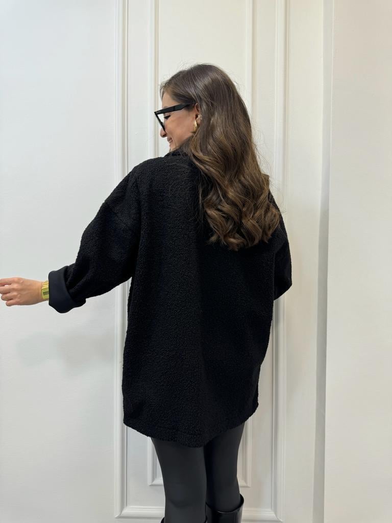 Siyah Kruvaze Yaka Oversize Teddy Kaban 38002