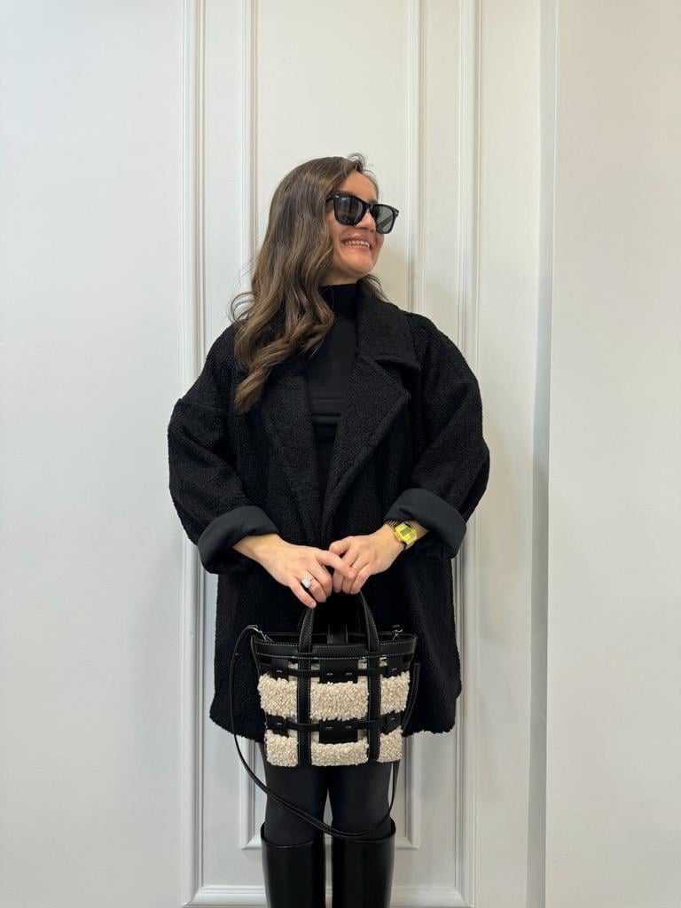 Siyah Kruvaze Yaka Oversize Teddy Kaban 38002