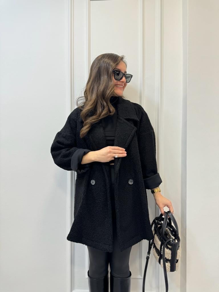 Siyah Kruvaze Yaka Oversize Teddy Kaban 38002