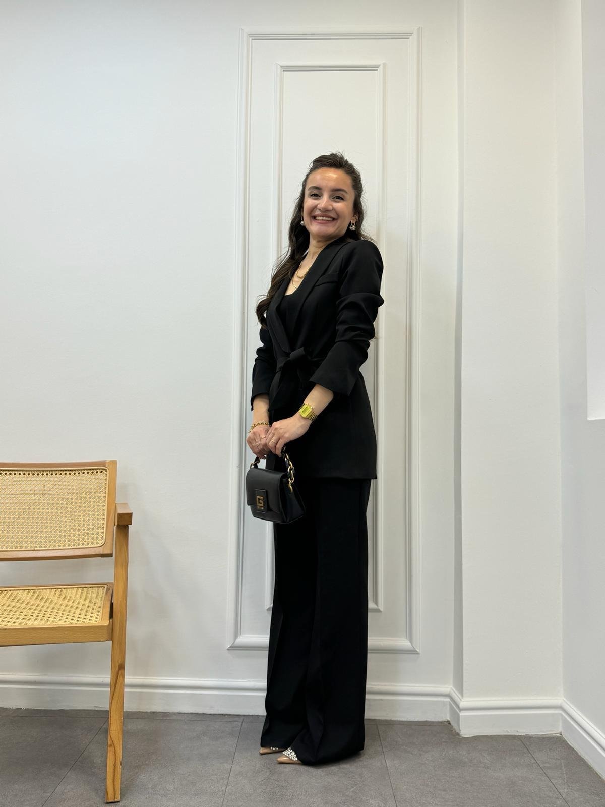 Siyah Kuşaklı Blazer Pantolon Takım 3058