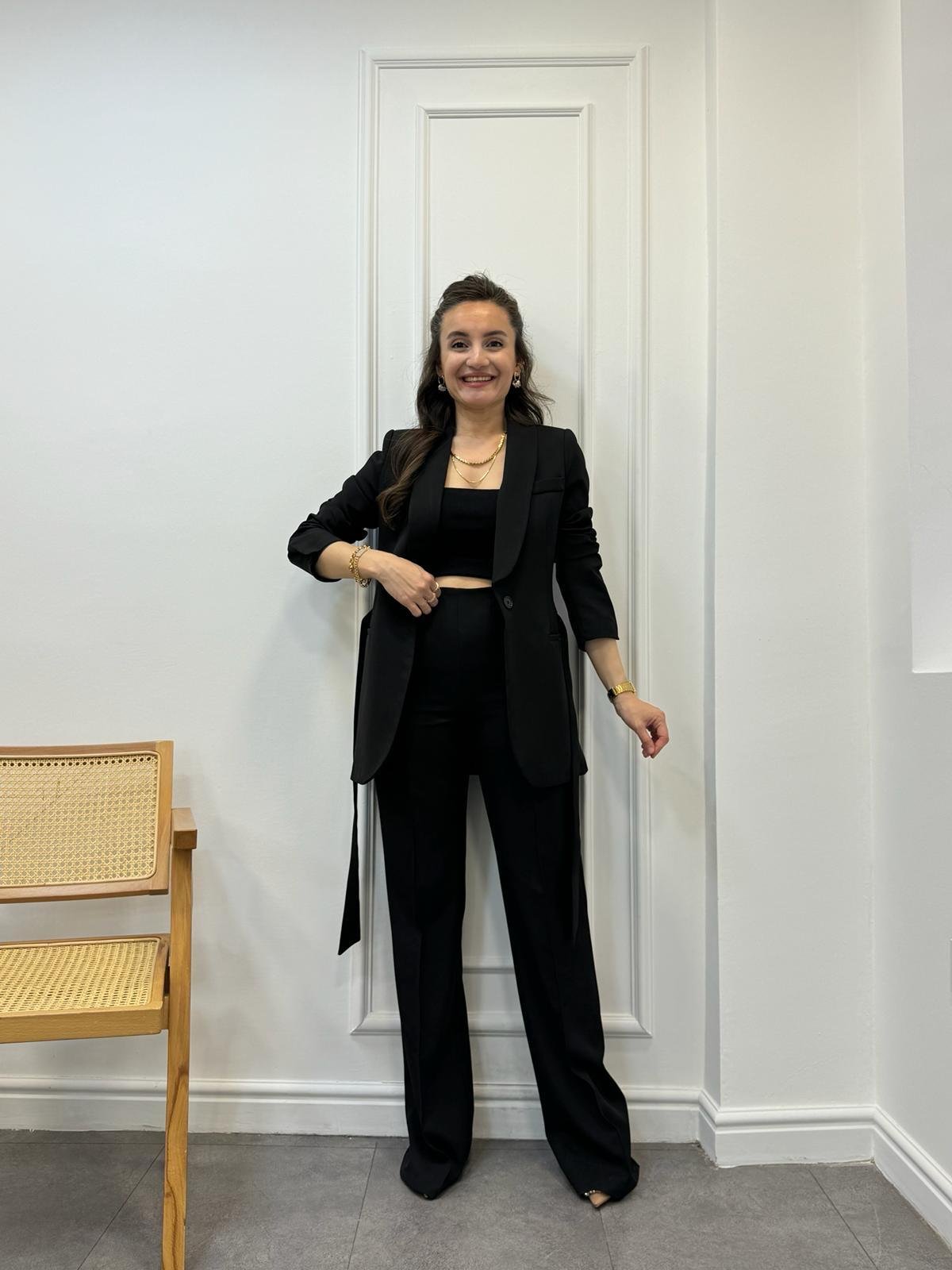 Siyah Kuşaklı Blazer Pantolon Takım 3058