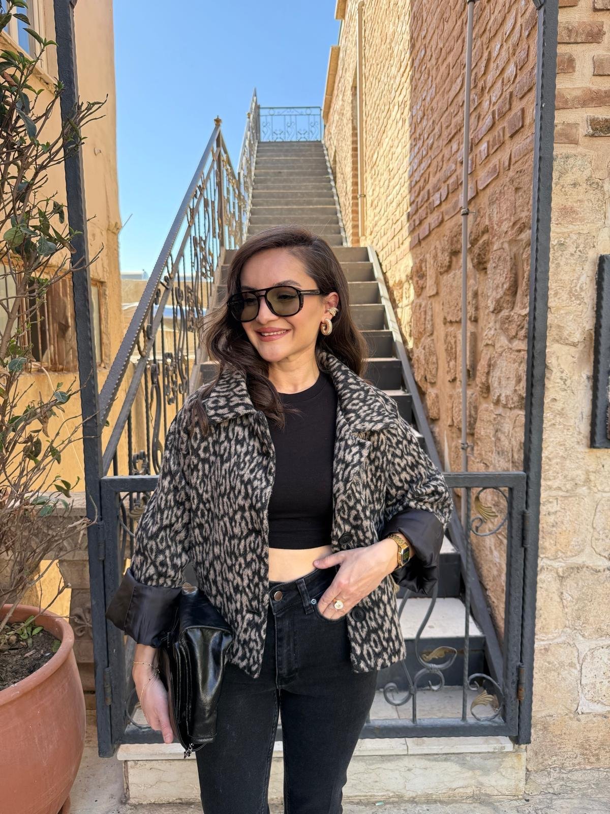 Siyah Leopar Desen Astarlı Kaşe Ceket 1016