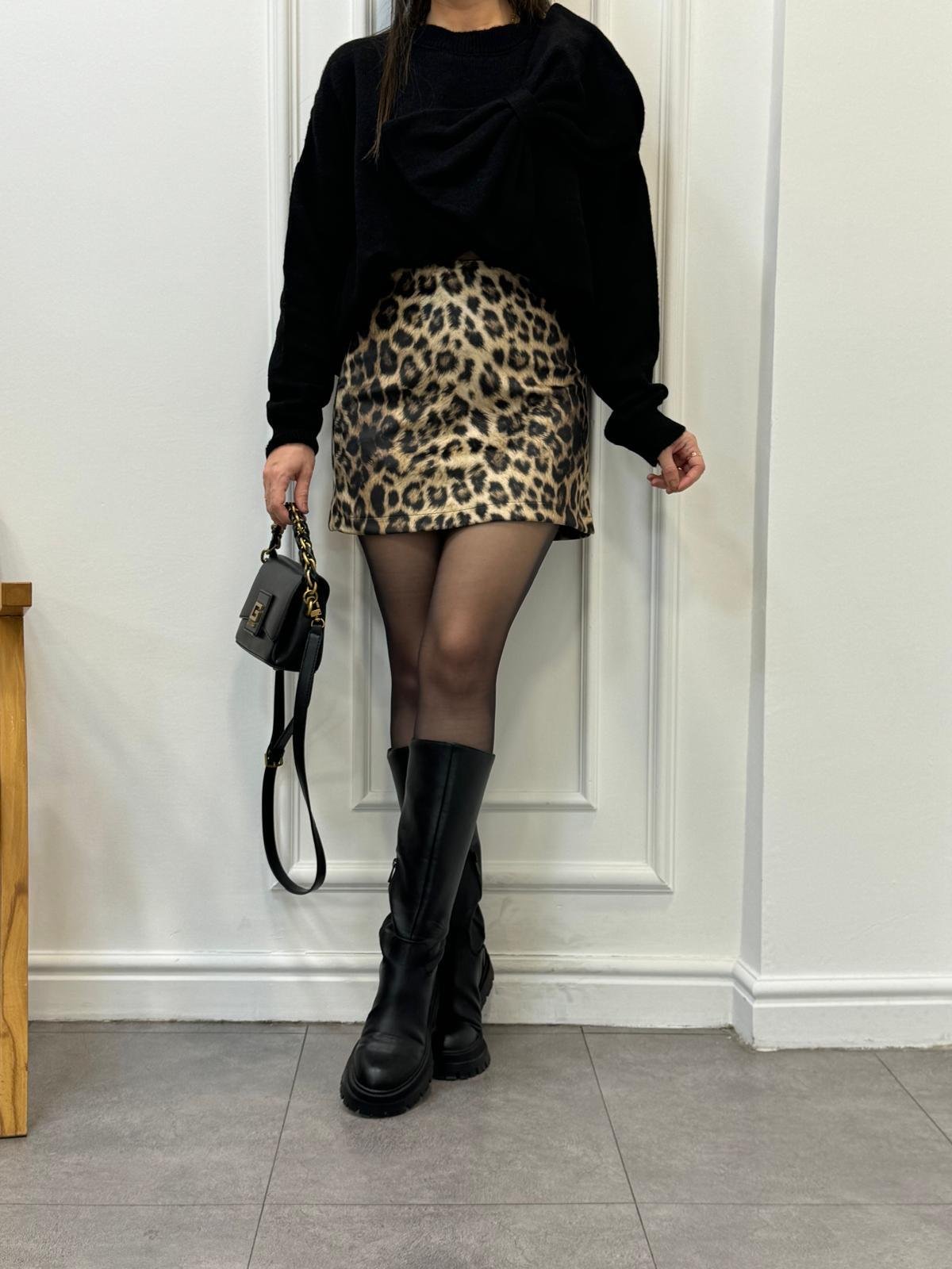 Siyah Leopar Desen Lüx Kalite Süet Mini Etek 241048