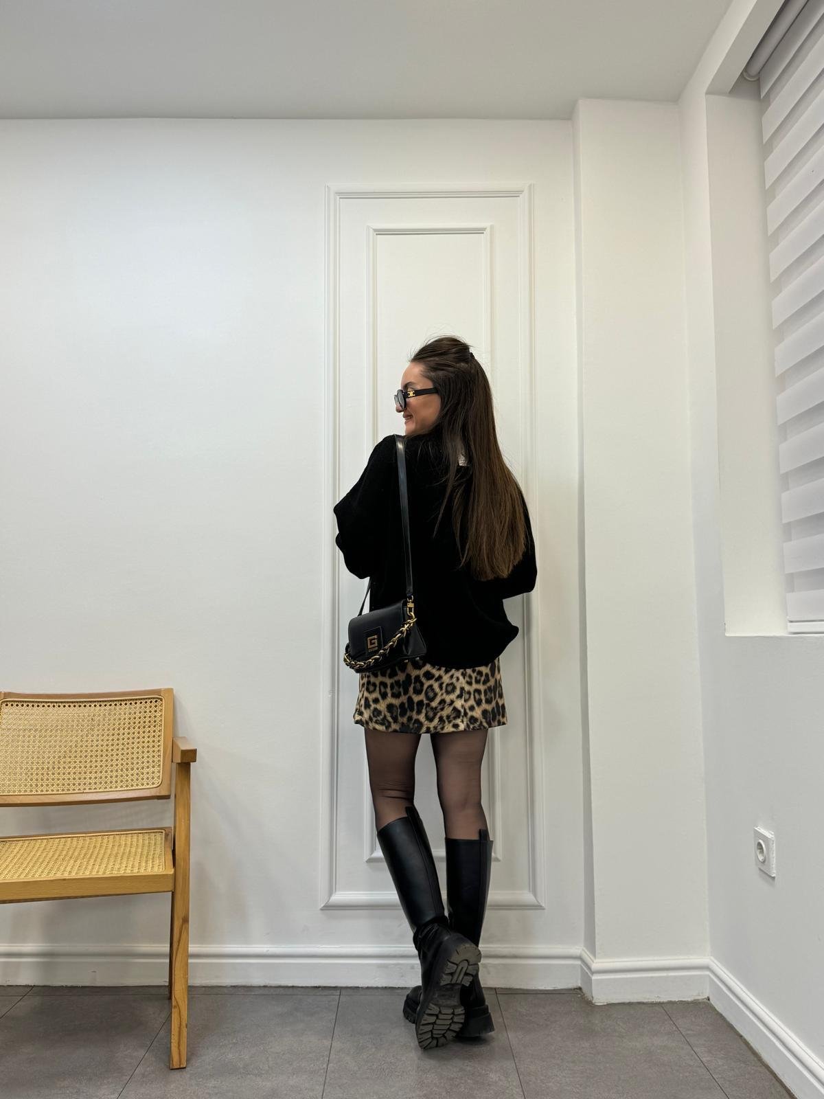 Siyah Leopar Desen Lüx Kalite Süet Mini Etek 241048