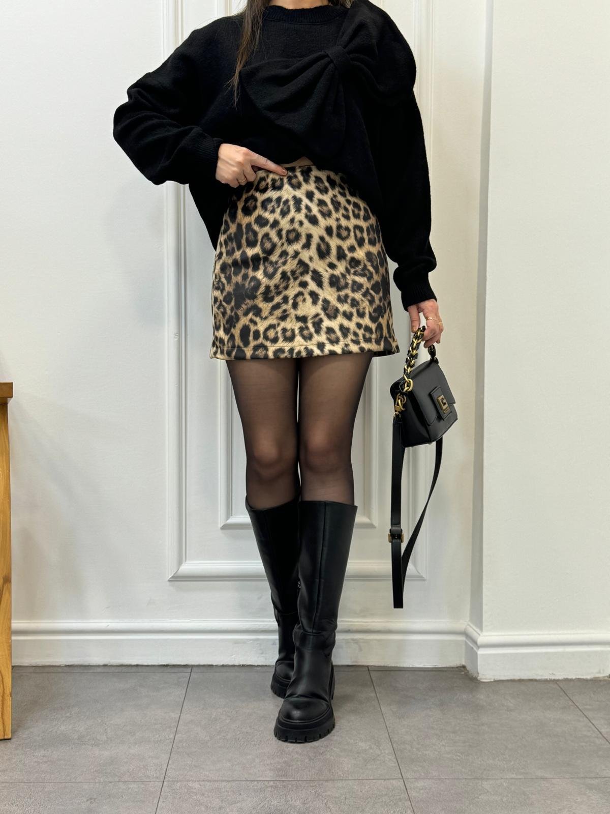 Siyah Leopar Desen Lüx Kalite Süet Mini Etek 241048