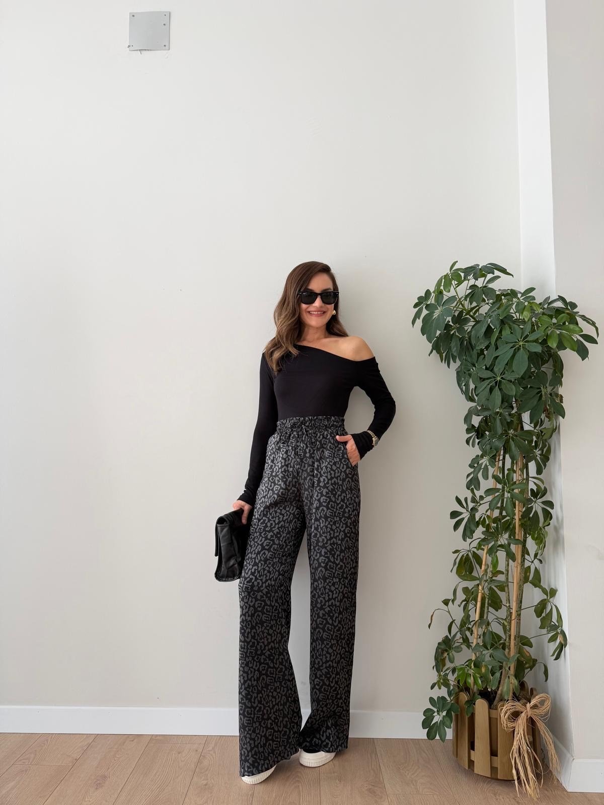 Siyah Leopar Desenli Palazzo Pantolon K060
