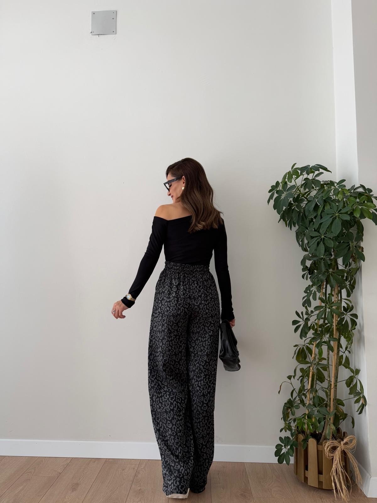 Siyah Leopar Desenli Palazzo Pantolon K060