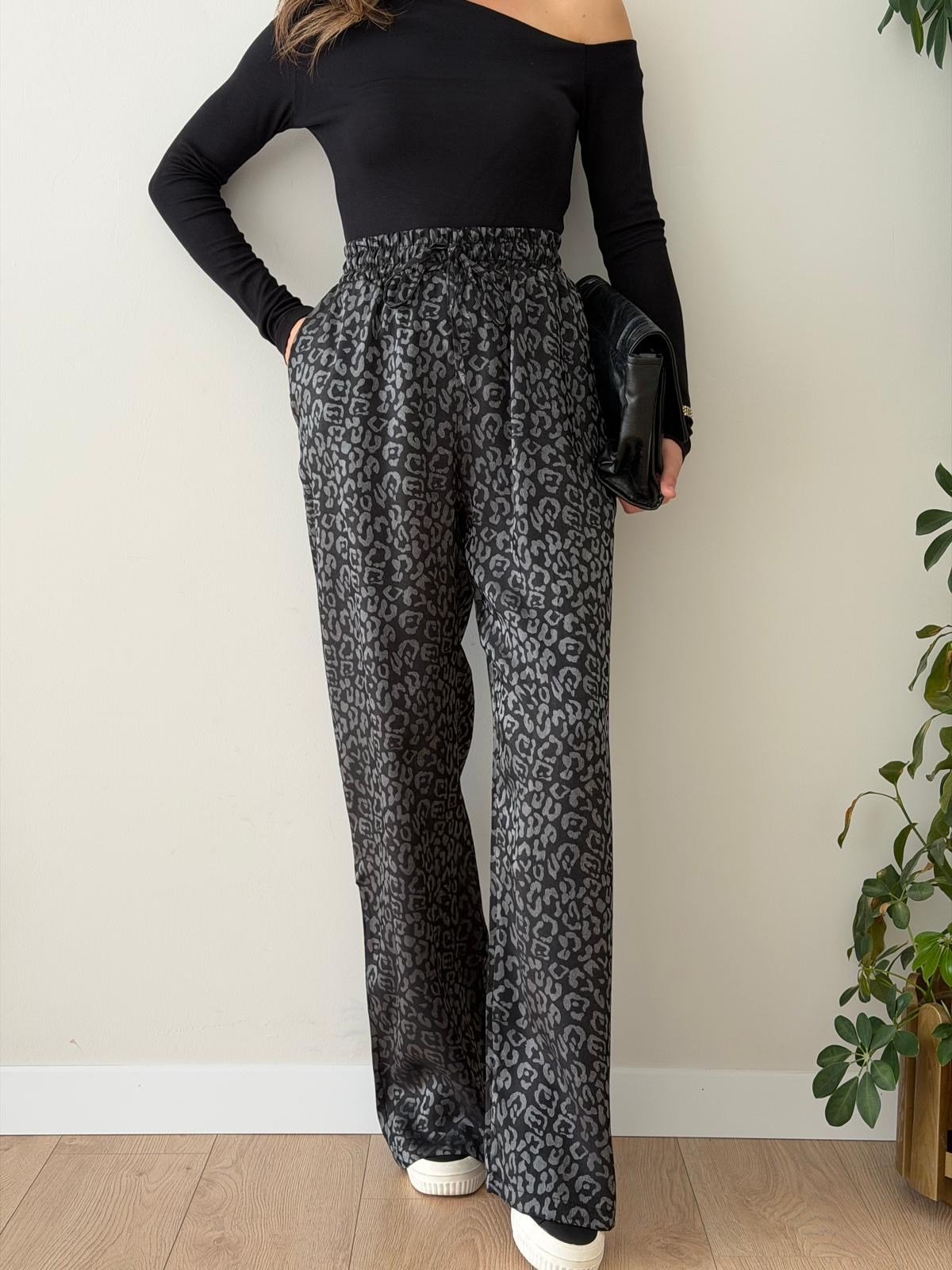 Siyah Leopar Desenli Palazzo Pantolon K060