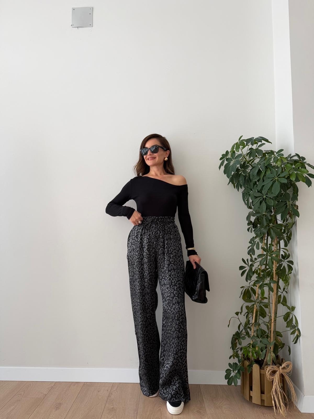 Siyah Leopar Desenli Palazzo Pantolon K060