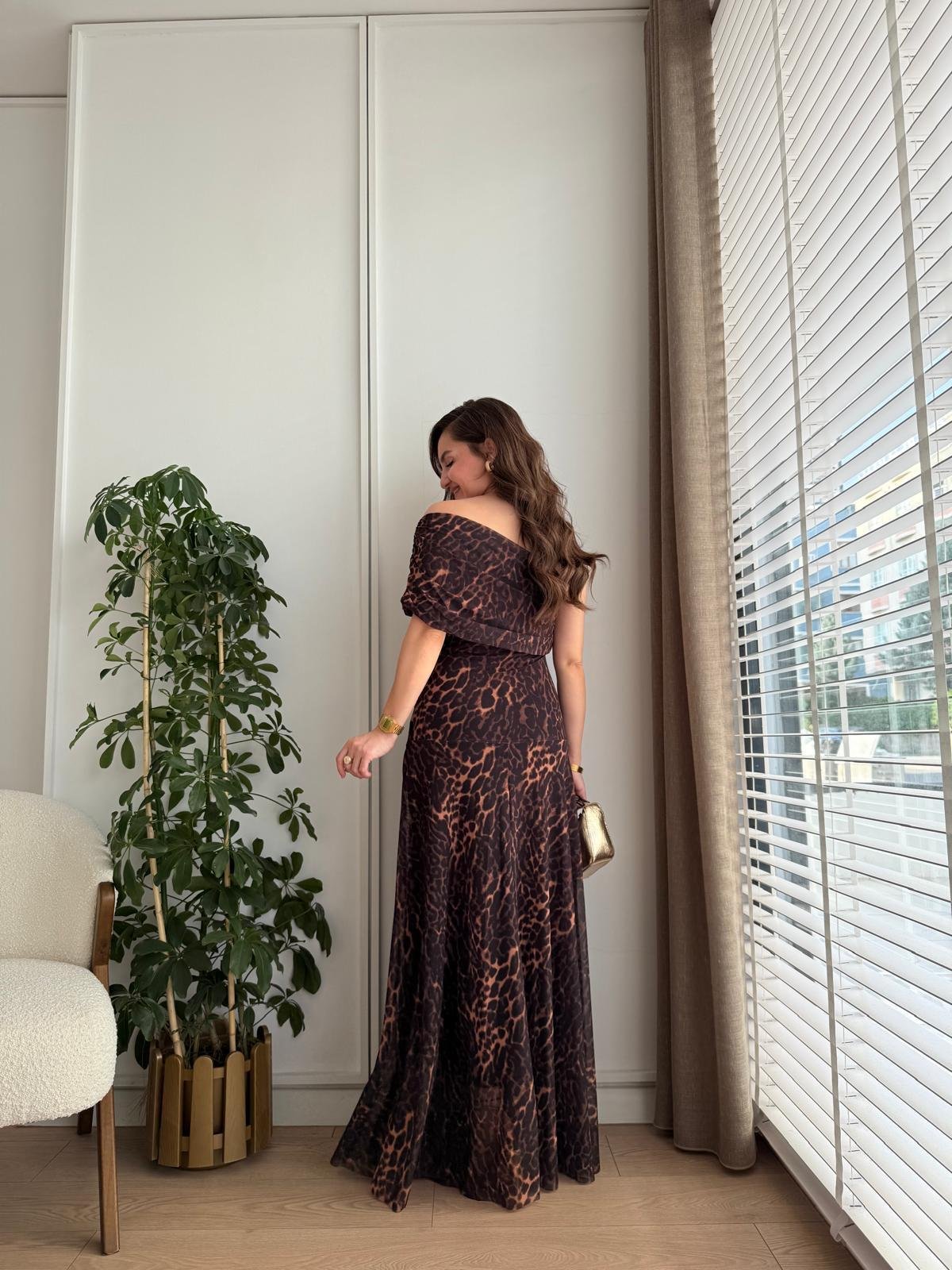 Siyah Leopar Desenli Tek Omuz Volanlı Elbise 5171