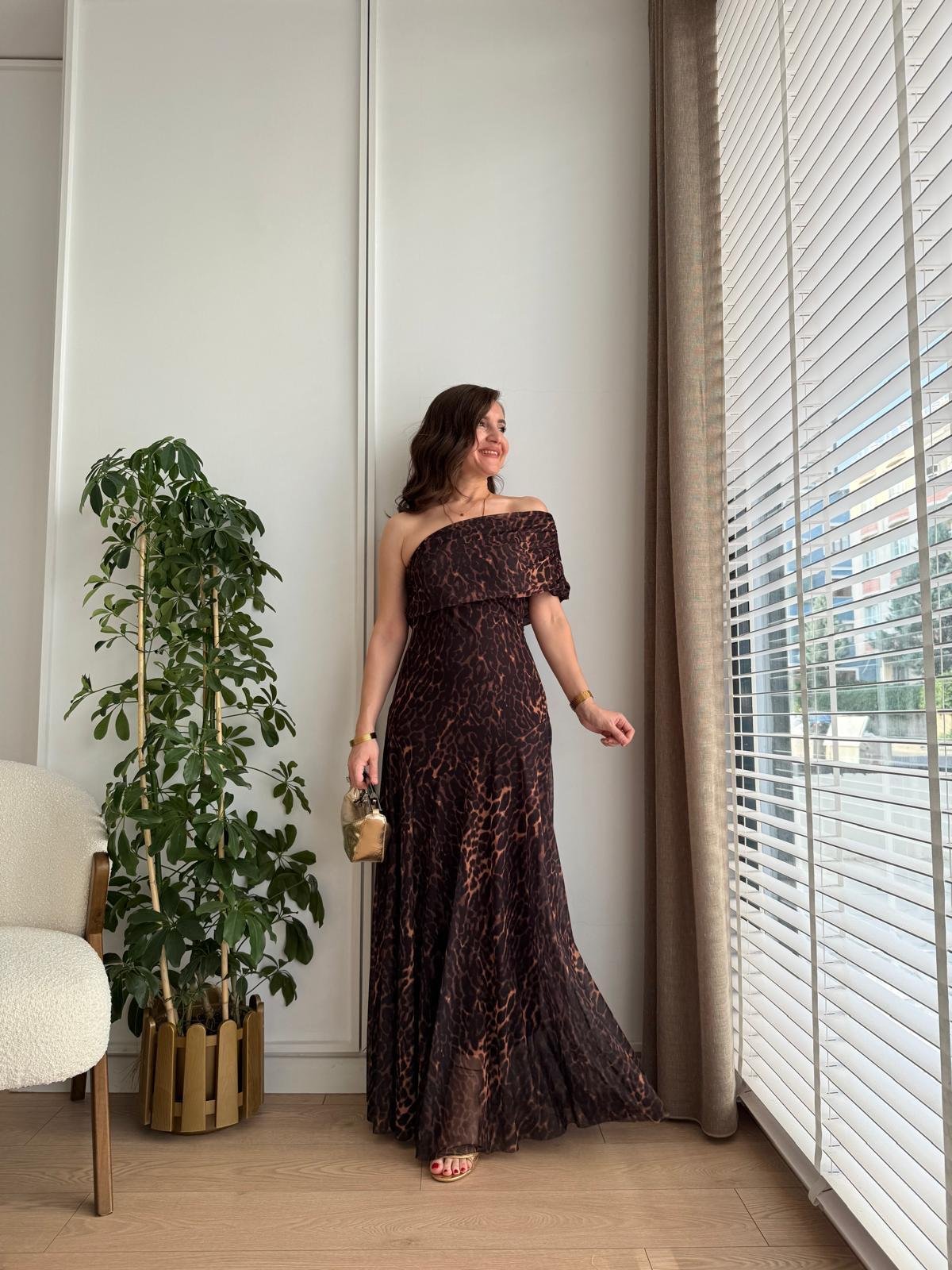 Siyah Leopar Desenli Tek Omuz Volanlı Elbise 5171