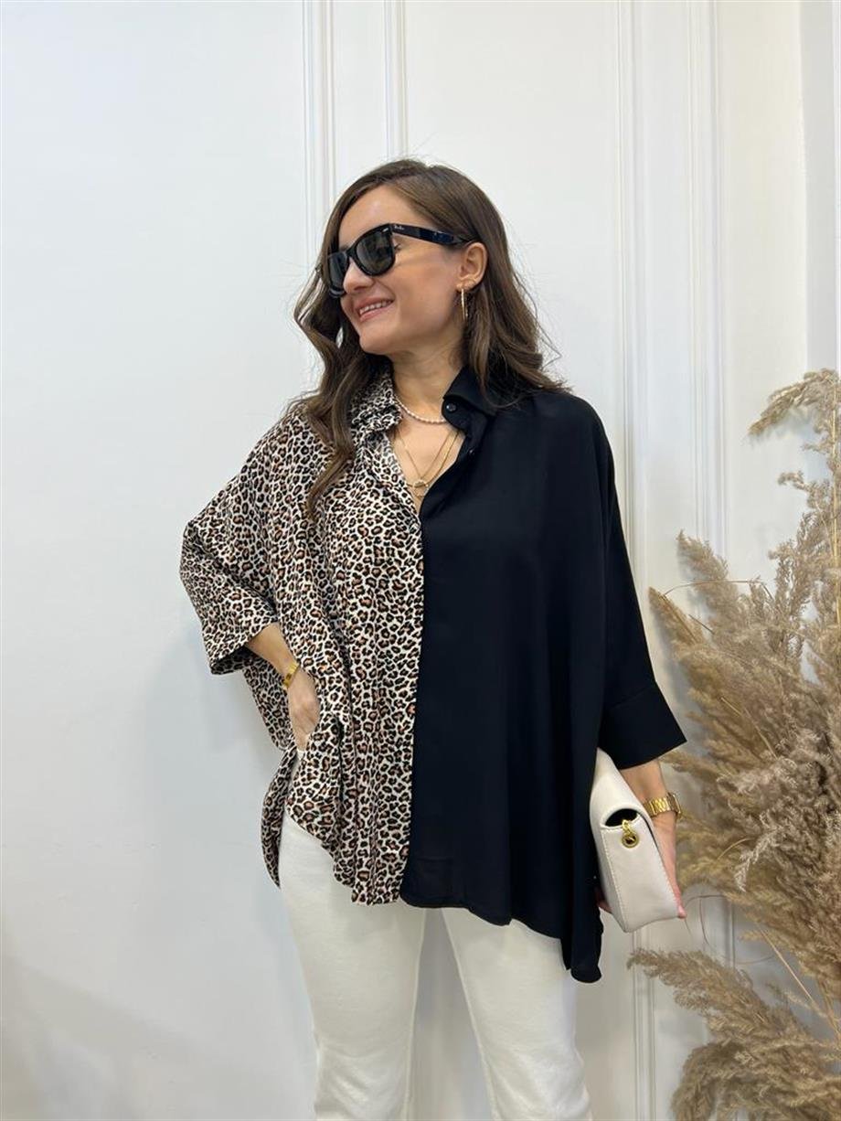 Siyah Leopar Detaylı Pamuklu Gömlek 256013