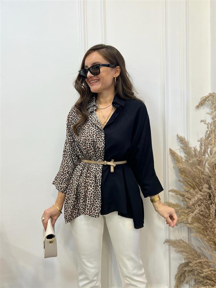 Siyah Leopar Detaylı Pamuklu Gömlek 256013